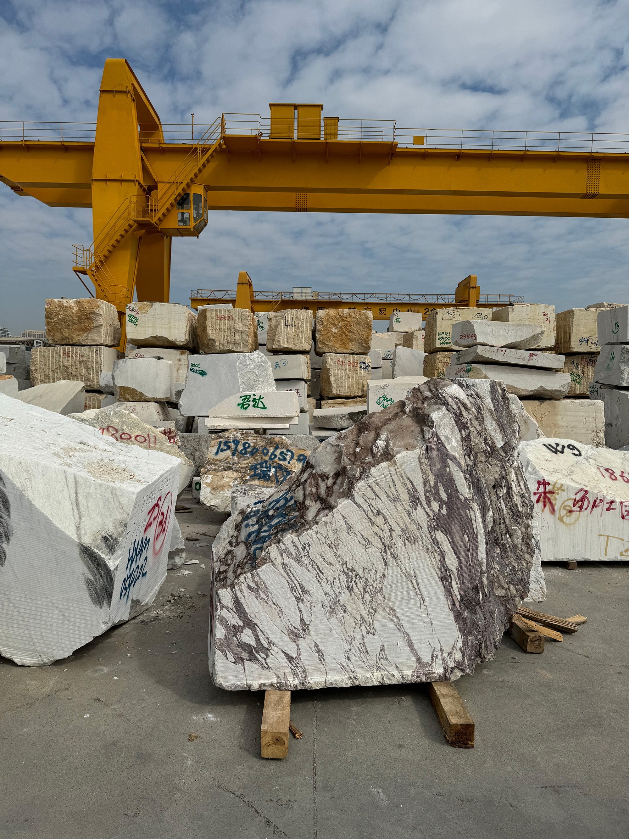 Raw Calacatta Viola marble block sourced for GustavDesign bespoke fabrication.