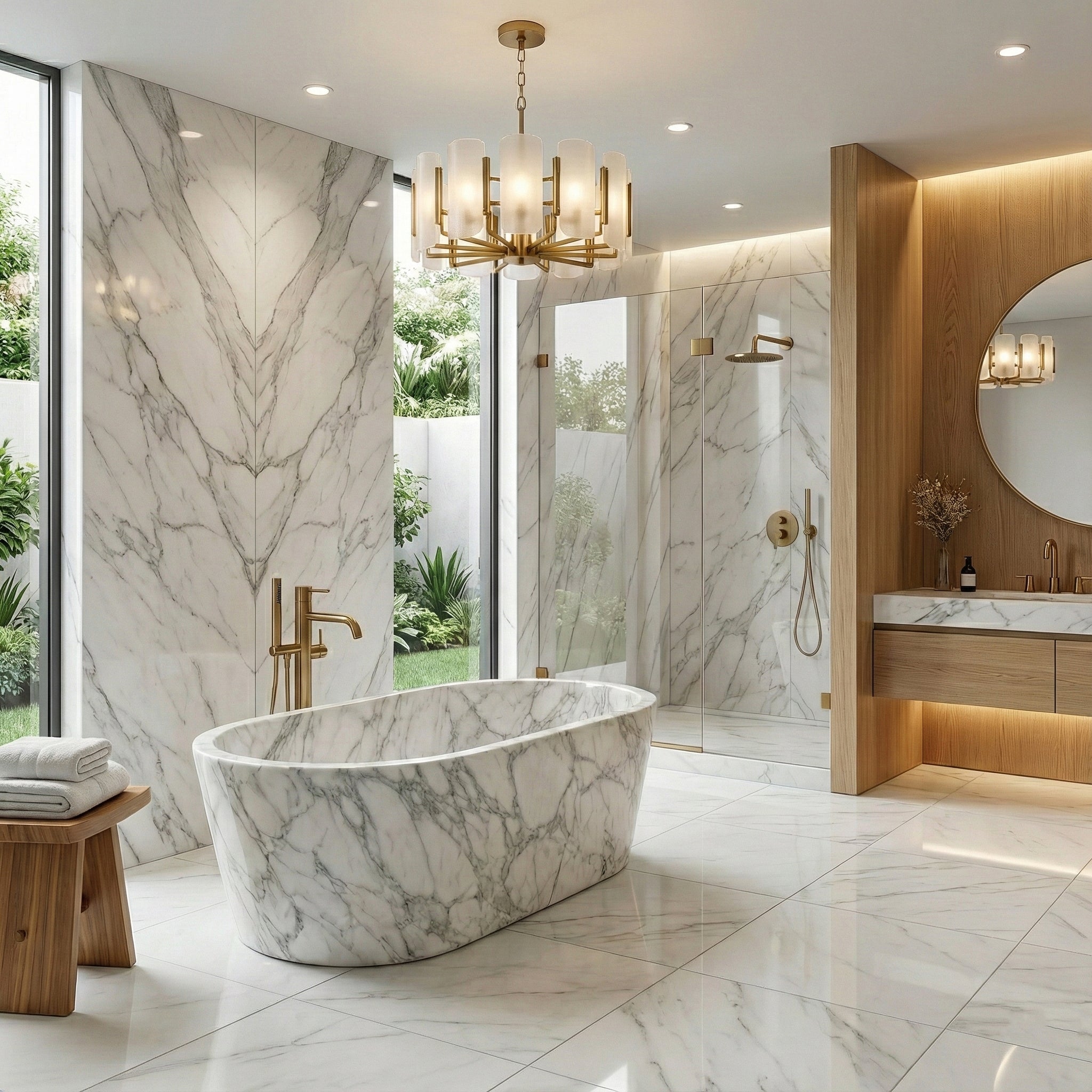 Elegant master bathroom suite centering on an Arabescato marble soaking tub, accented by a modern gold chandelier, wood paneling, and matching marble wall slabs.