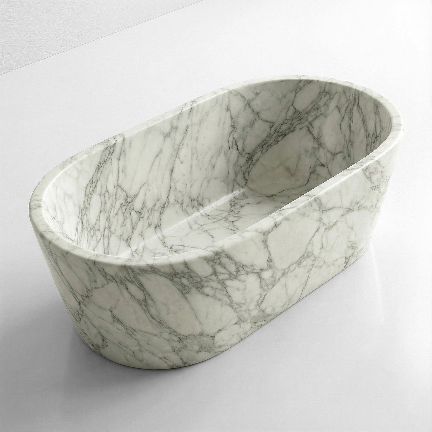 High-angle view of a freestanding oval Arabescato marble bathtub, displaying a deep soaking interior and signature heavy grey brecciated veining.