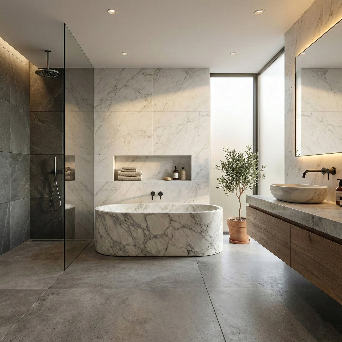 Minimalist spa-style bathroom featuring an Arabescato marble bathtub, matte black wall-mounted fixtures, floating wood vanity, and a matching vessel sink.