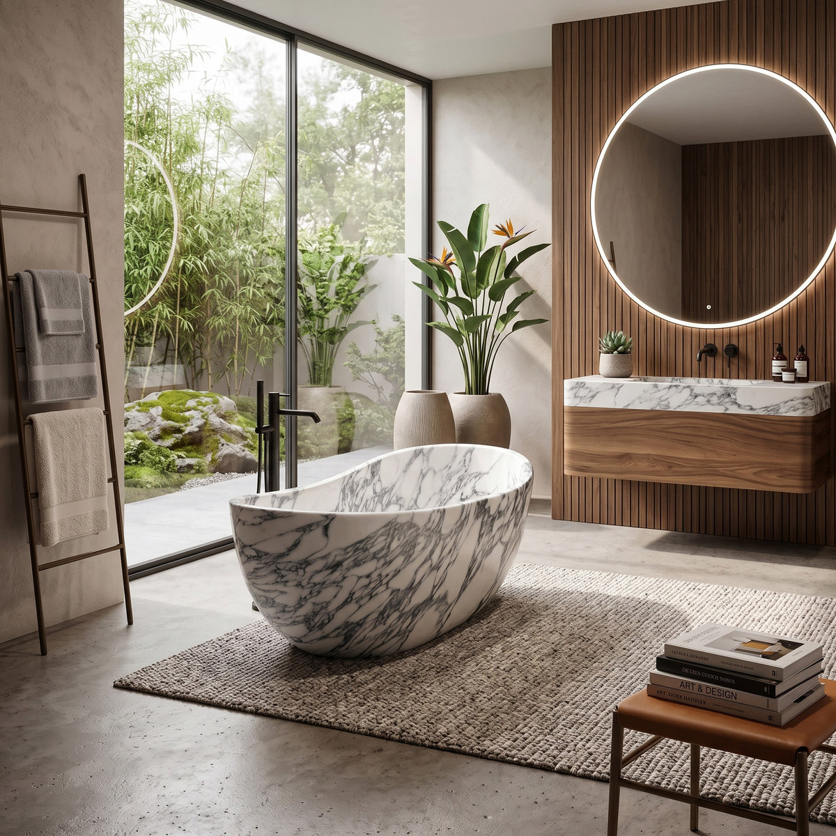Serene luxury bathroom sanctuary featuring the freestanding Arabescato marble wave bathtub paired with a floor-mounted matte black tub filler, a large round backlit mirror, fluted wood wall paneling, and floor-to-ceiling windows looking out onto a bamboo garden.