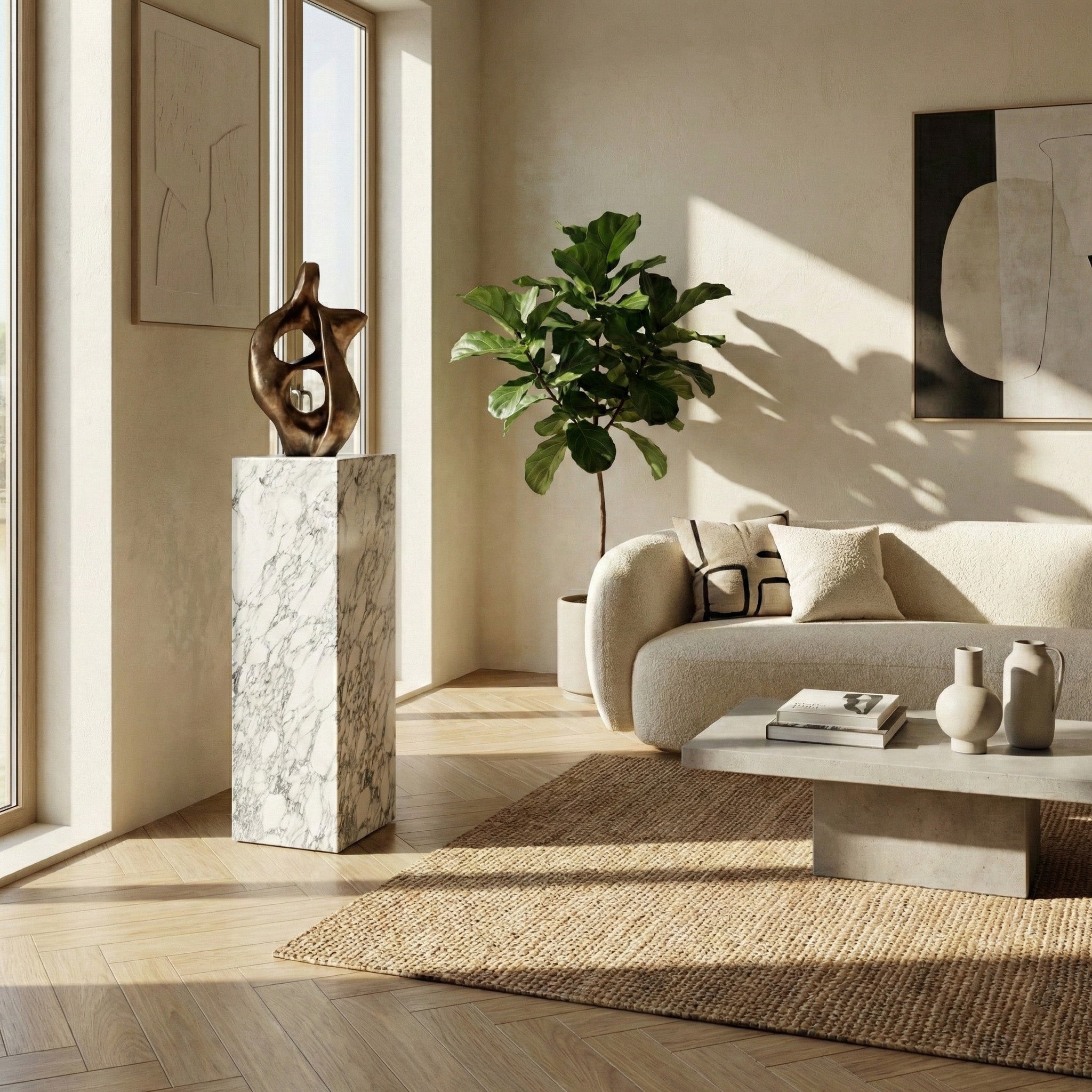 A modern, light-filled living room featuring an Arabescato marble pedestal topped with a bronze abstract sculpture, positioned near a fiddle leaf fig tree and a cream-colored sofa.