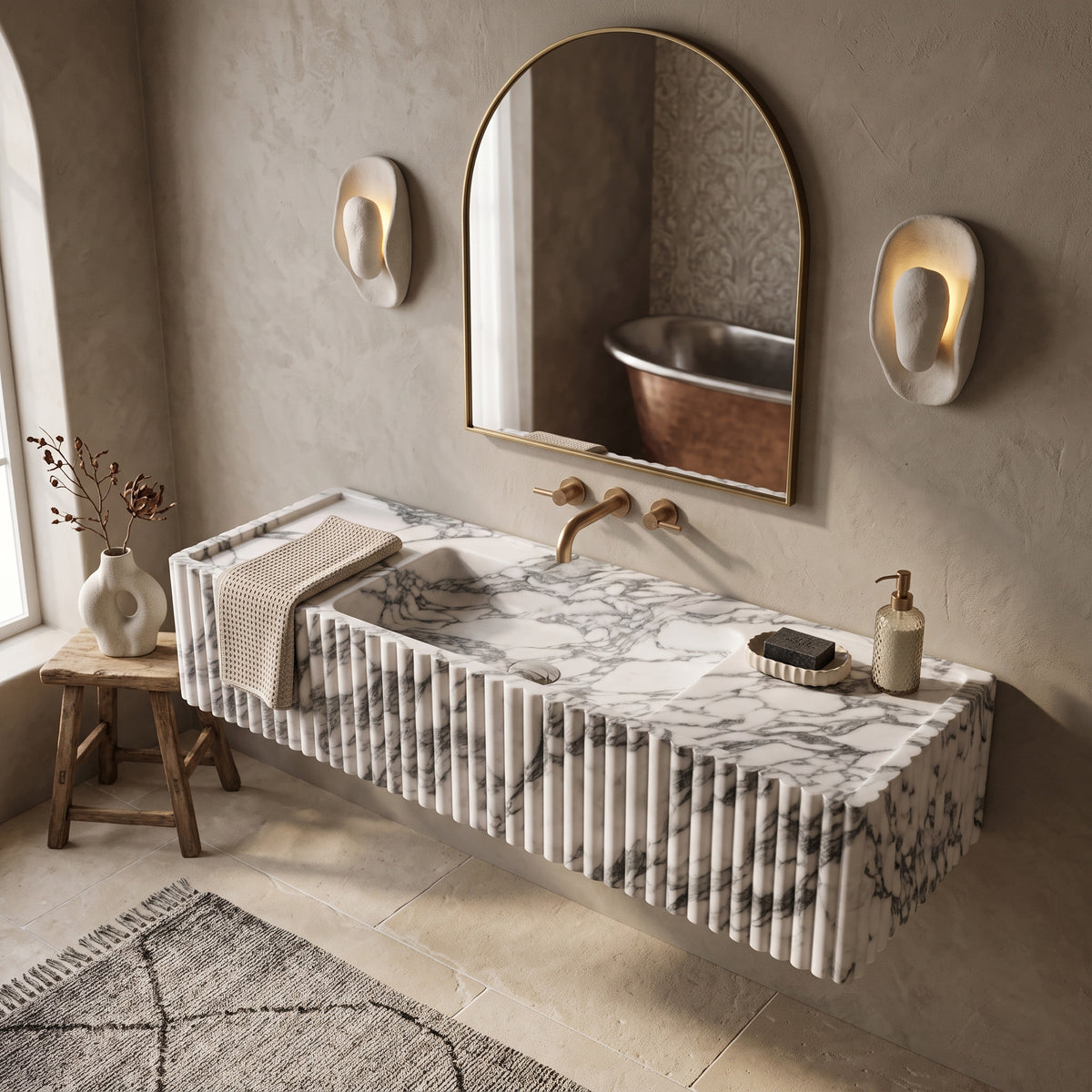 Arabescato Marble Monolith Sink - Fluted