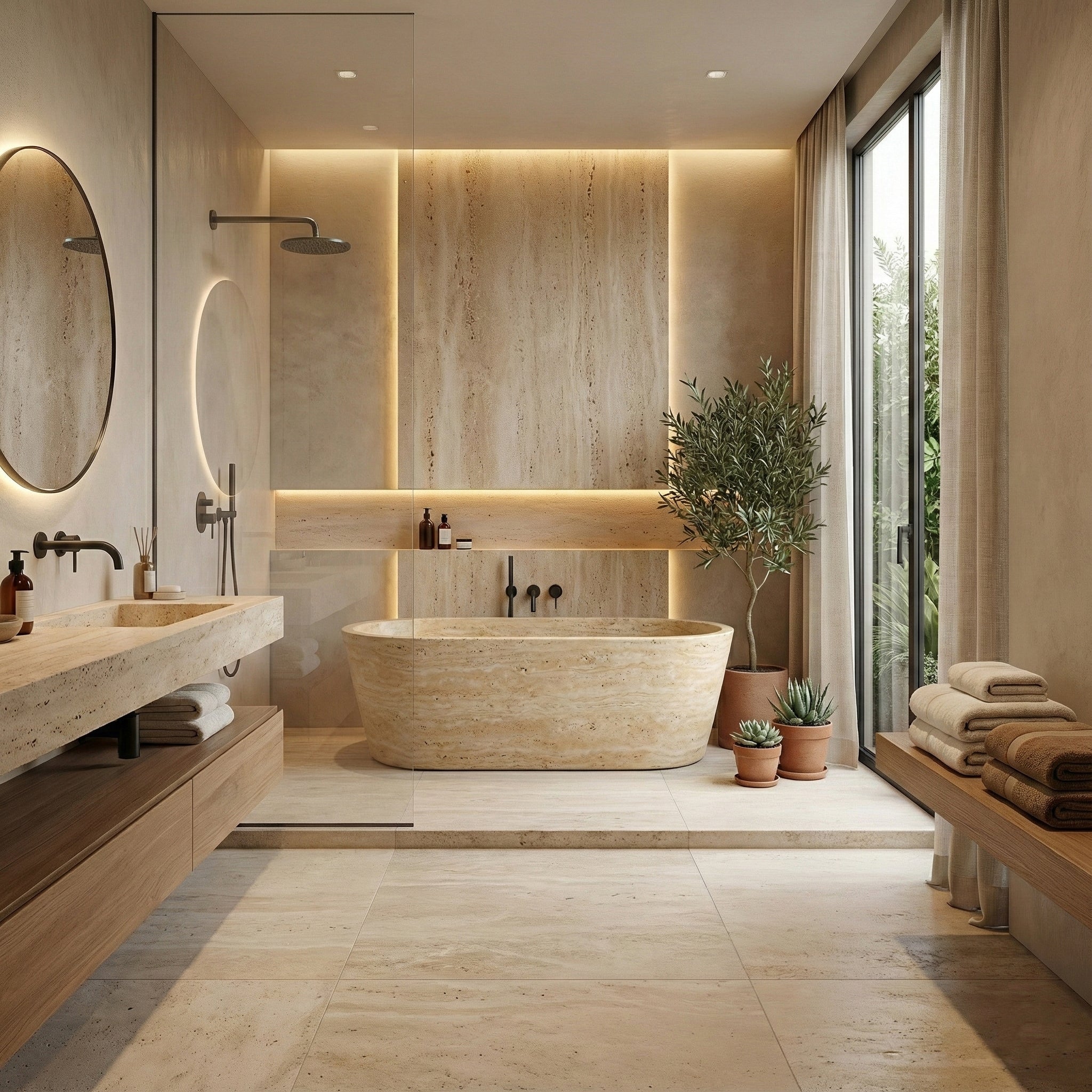 Spa-inspired bathroom featuring a beige Travertine bathtub and matching vanity, accented by warm LED lighting, bronze fixtures, and indoor greenery.