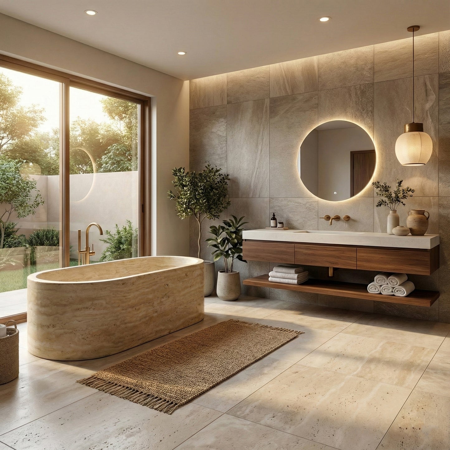 Warm Japandi-style bathroom featuring a statement beige travertine bathtub, floating walnut vanity, round backlit mirror, and woven floor mat.