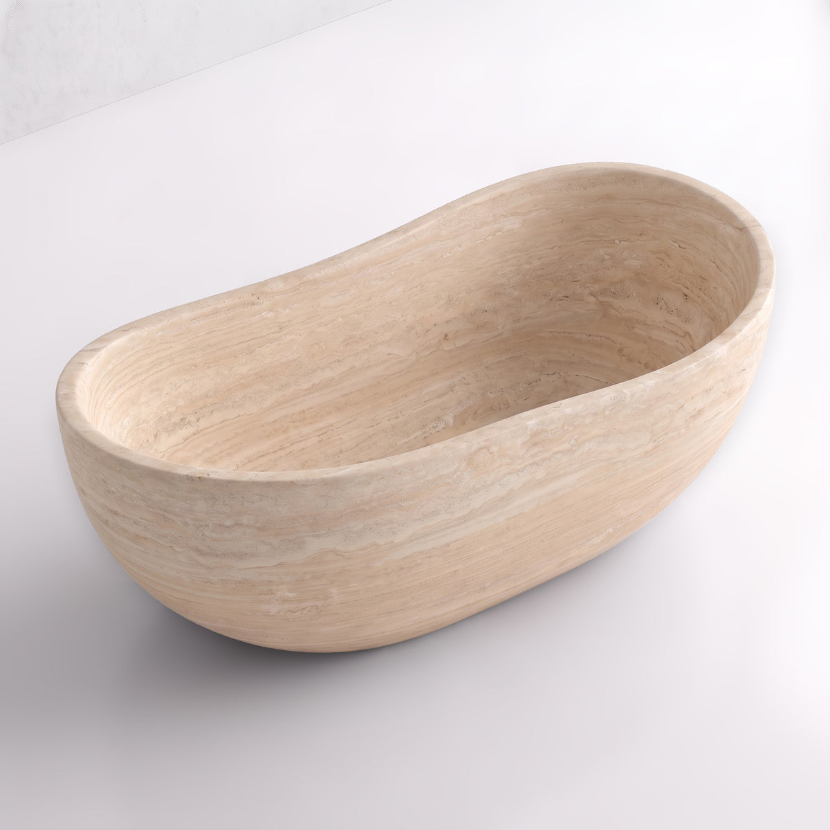 Elevated three-quarter perspective view of the Beige Travertine wave soaking tub, highlighting the asymmetrical undulating rim, seamless solid-carved interior, and continuous Roman stone banding.