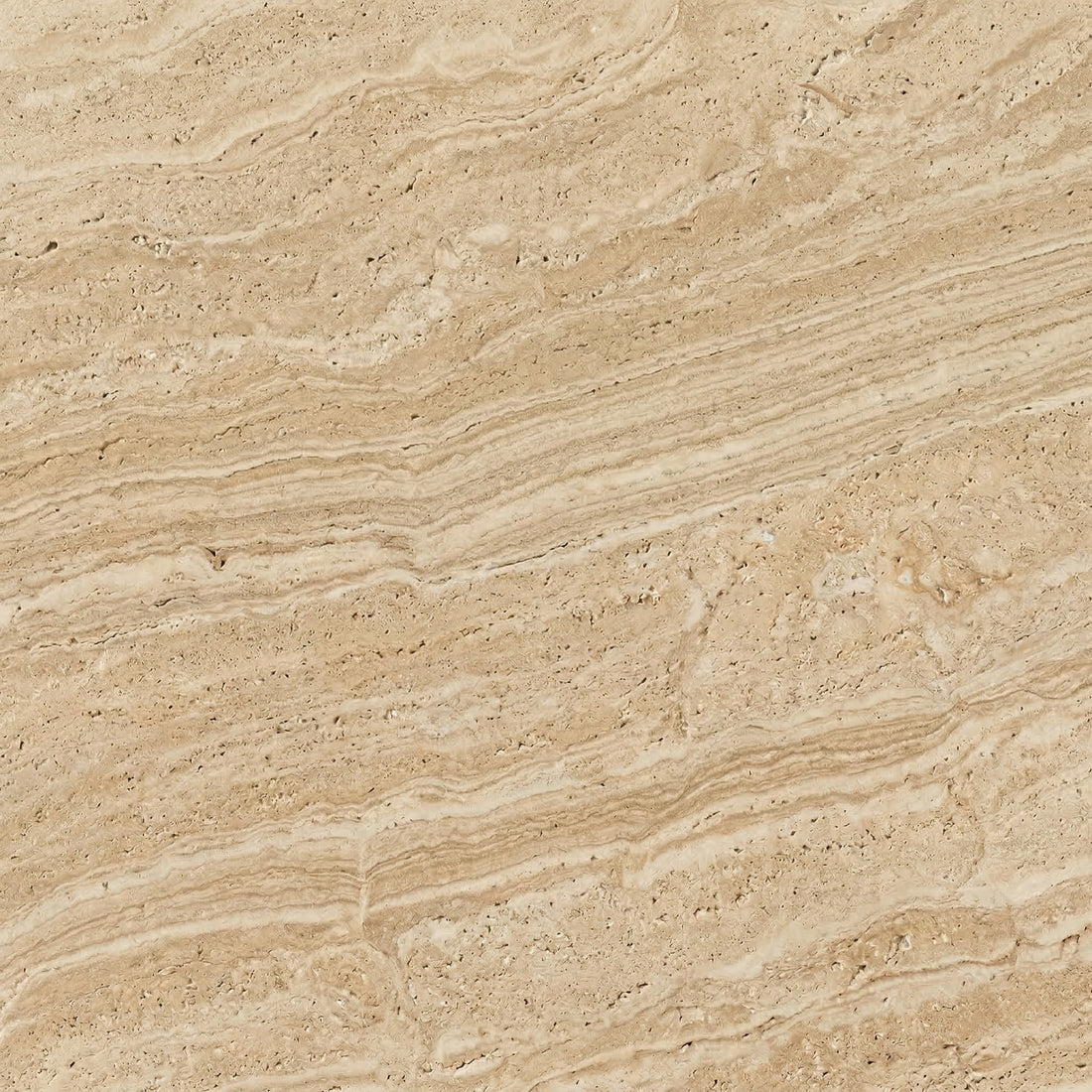 Creamy beige travertine slab showing natural horizontal layers and a pitted surface texture for bathroom tiles and outdoor paving.