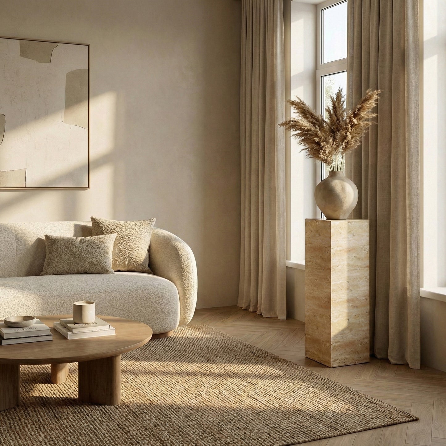A bright, serene living room featuring a tall Beige Travertine pedestal used as a stand for a ceramic vase with dried pampas grass, set against a backdrop of linen curtains and a soft beige sofa.