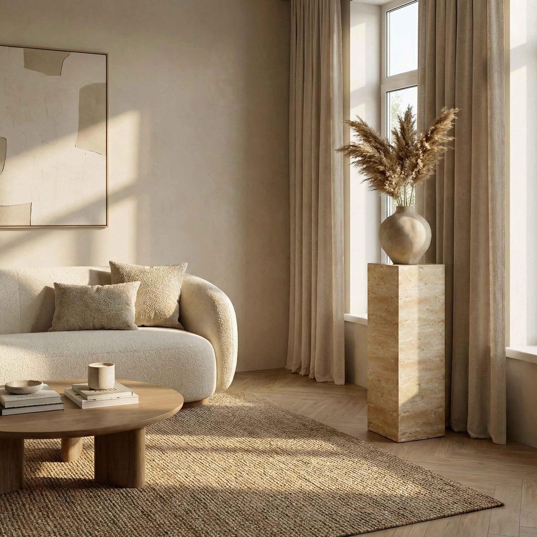 A bright, serene living room featuring a tall Beige Travertine pedestal used as a stand for a ceramic vase with dried pampas grass, set against a backdrop of linen curtains and a soft beige sofa.