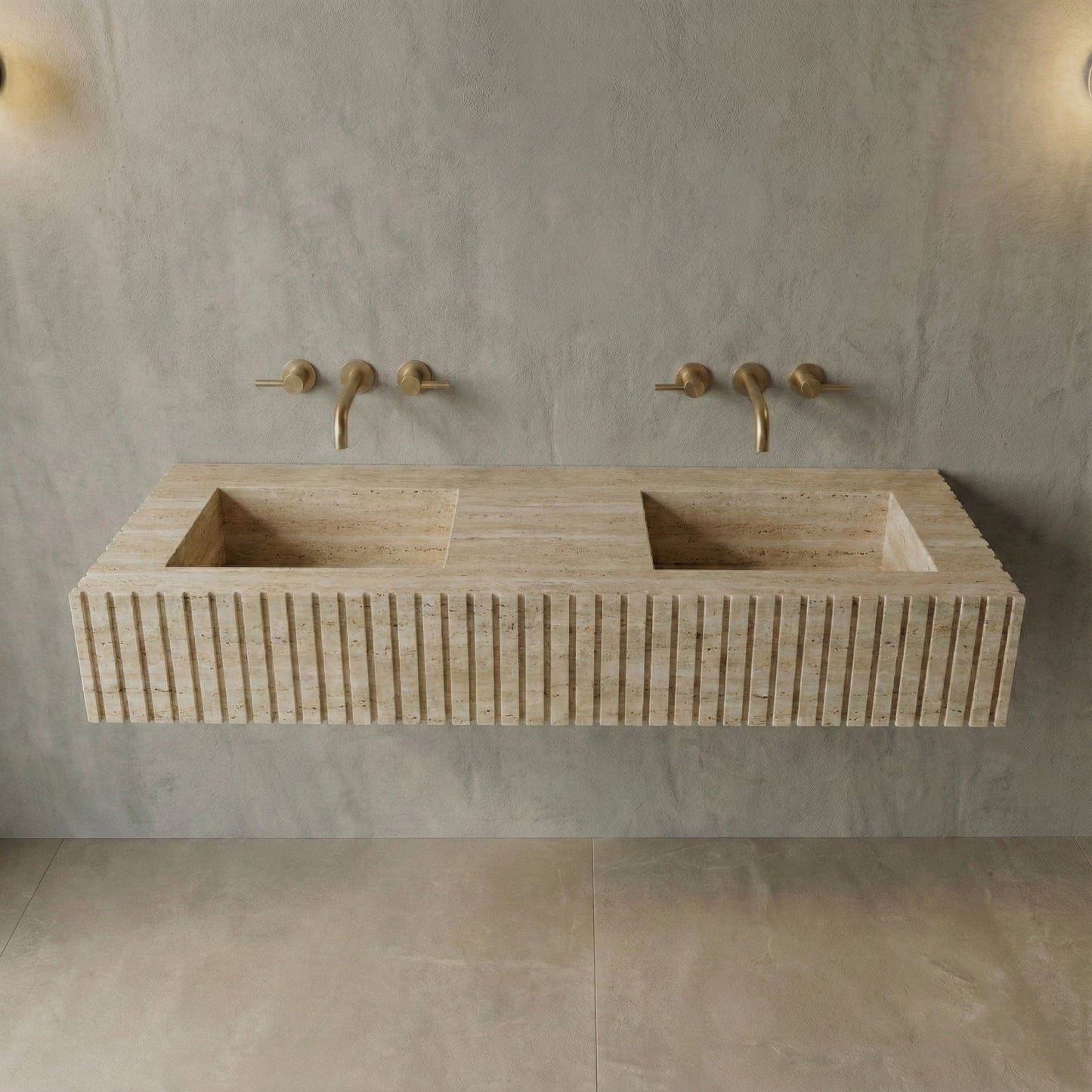Front profile of a floating minimalist vanity crafted from beige Travertine, showcasing vertical fluted stone detailing and warm sandy hues.