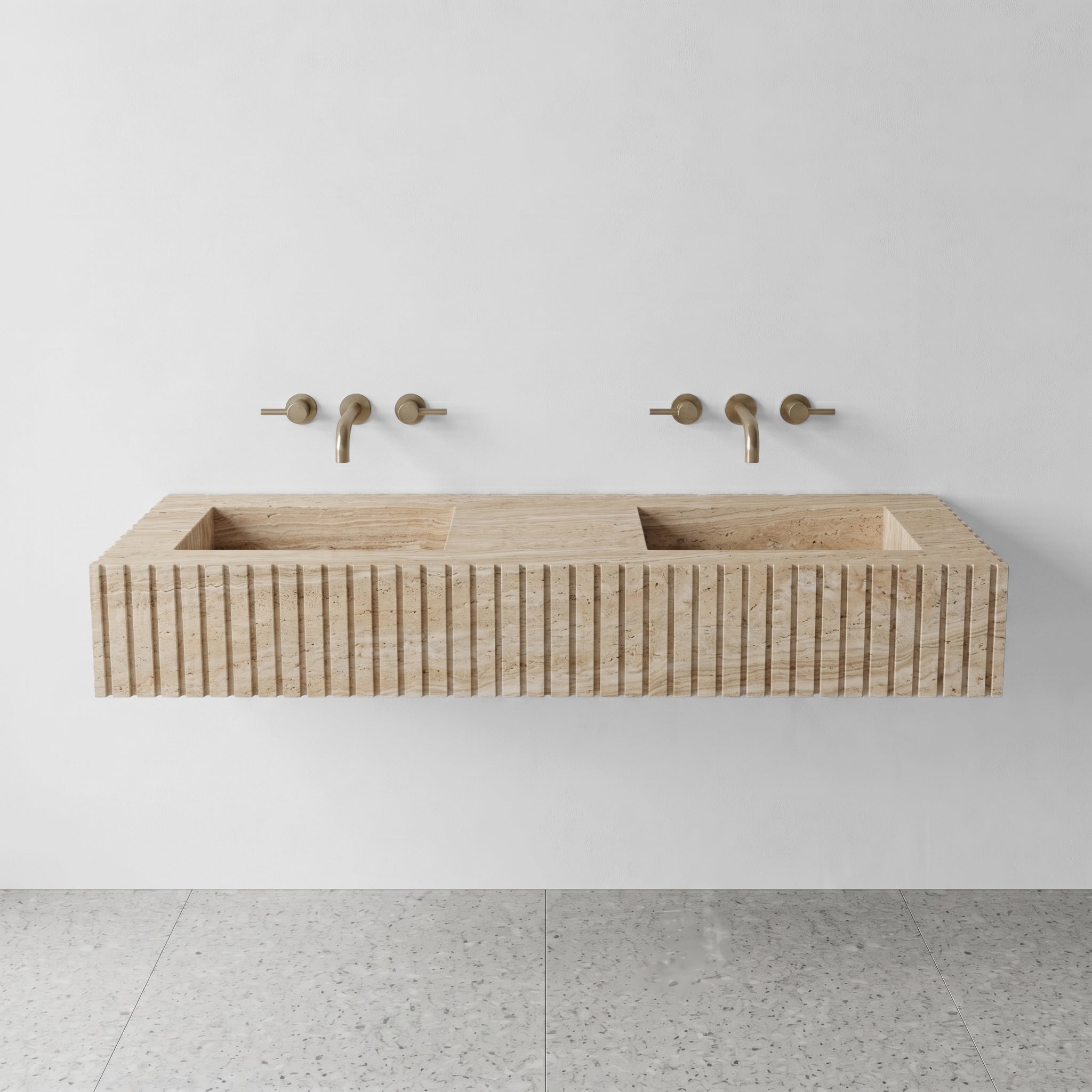 Front profile of a floating minimalist vanity crafted from beige Travertine, showcasing vertical fluted stone detailing and warm sandy hues.
