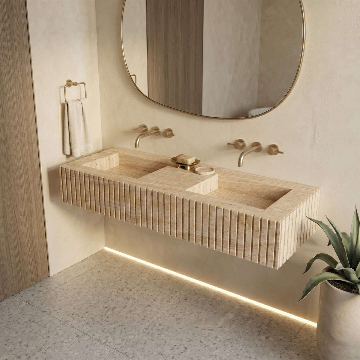 Cladding Sink Beige Travertine Double Sink - Fluted – GustavDesign