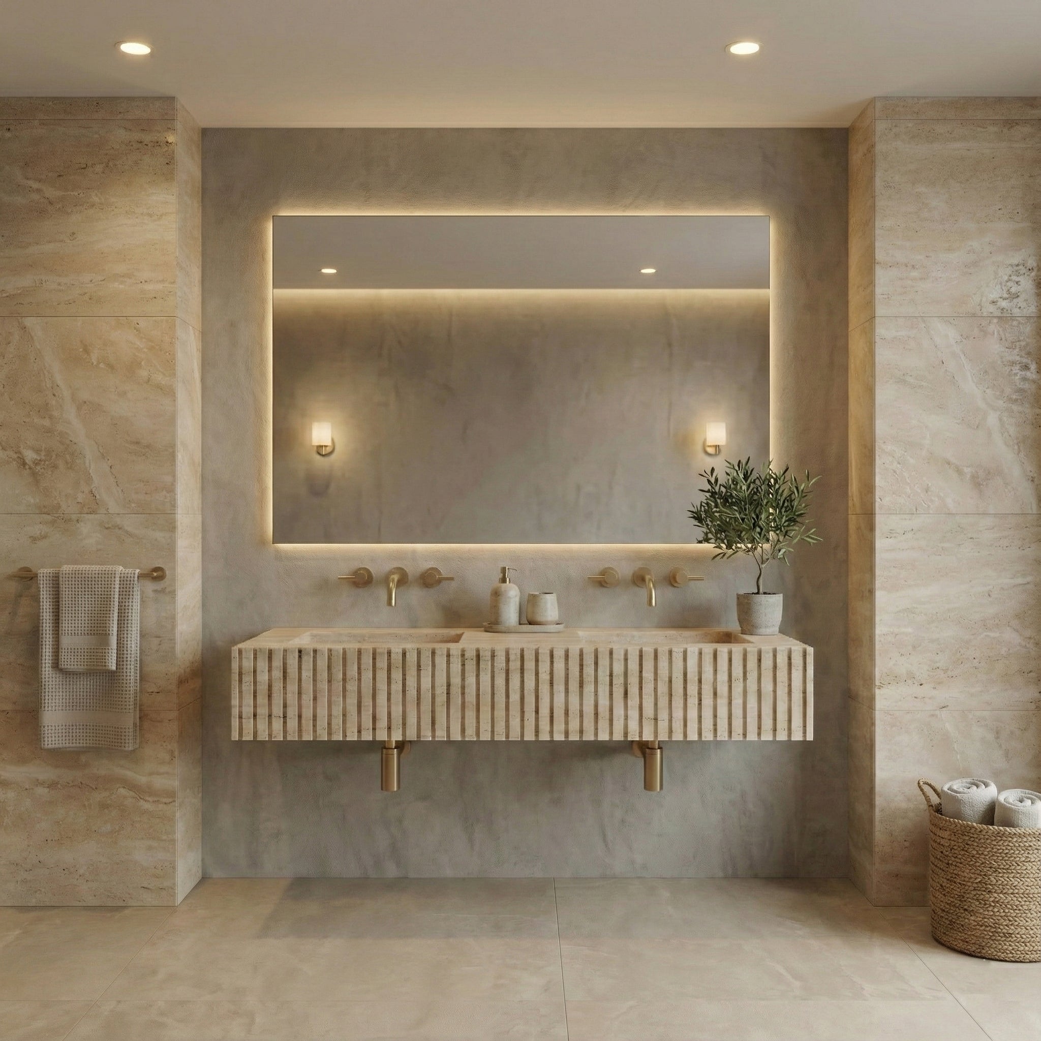 Japandi-style luxury bathroom featuring a floating beige Travertine fluted sink, large backlit mirror, and matching natural stone wall cladding.