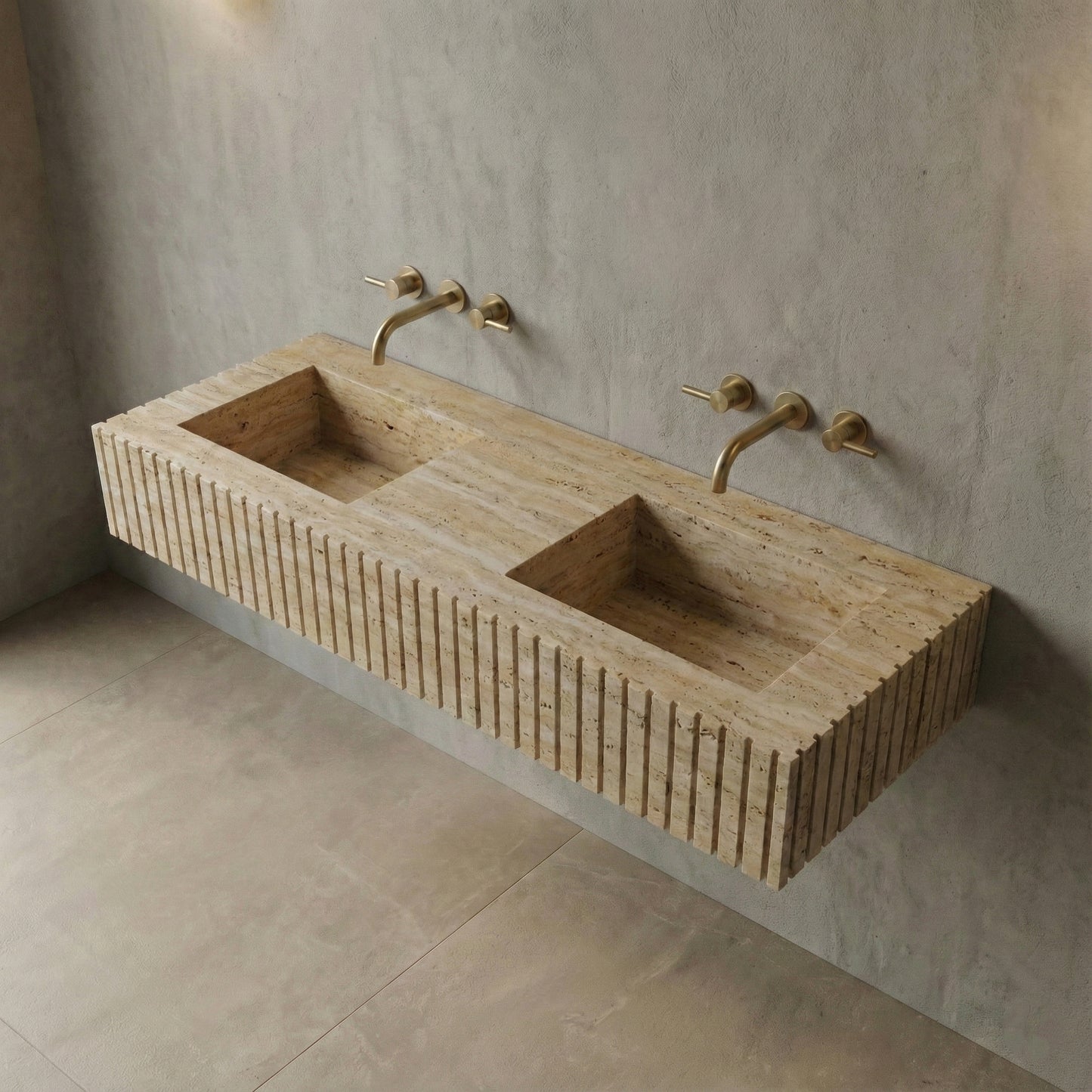 High-angle view of a ribbed beige Travertine stone double sink, featuring dual integrated basins and a matte honed natural finish.