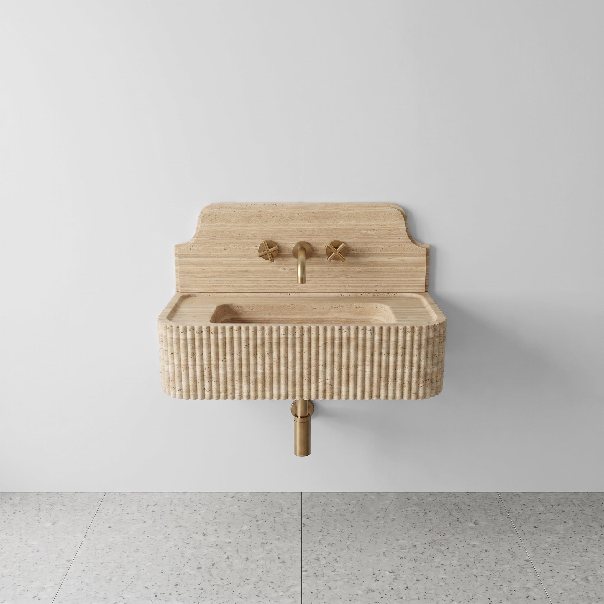 Front profile of a wall-mounted Beige Travertine washbasin featuring a decorative high backsplash, vertical ribbed texture, and warm sandy stone hues.
