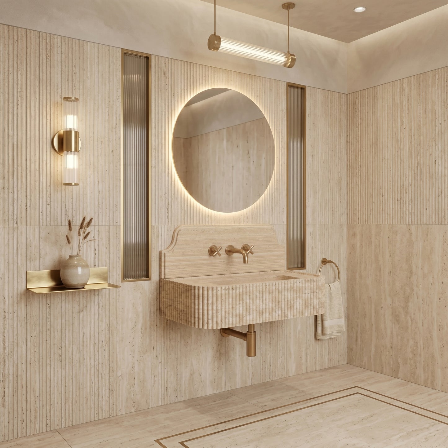 Japandi-style luxury bathroom featuring a Beige Travertine sink with backsplash, paired with an arched mirror, walnut vanity, and brass fixtures.