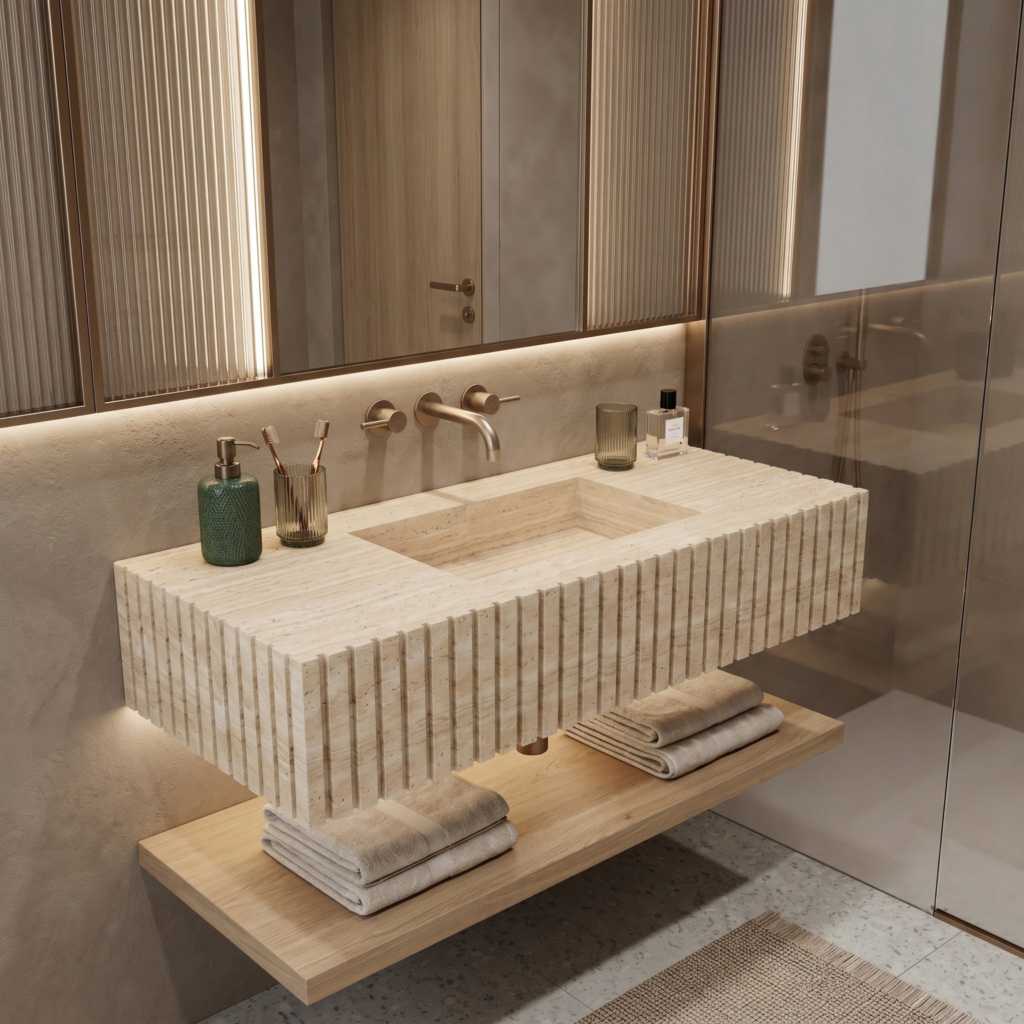 Beige Travertine Single Sink - Fluted