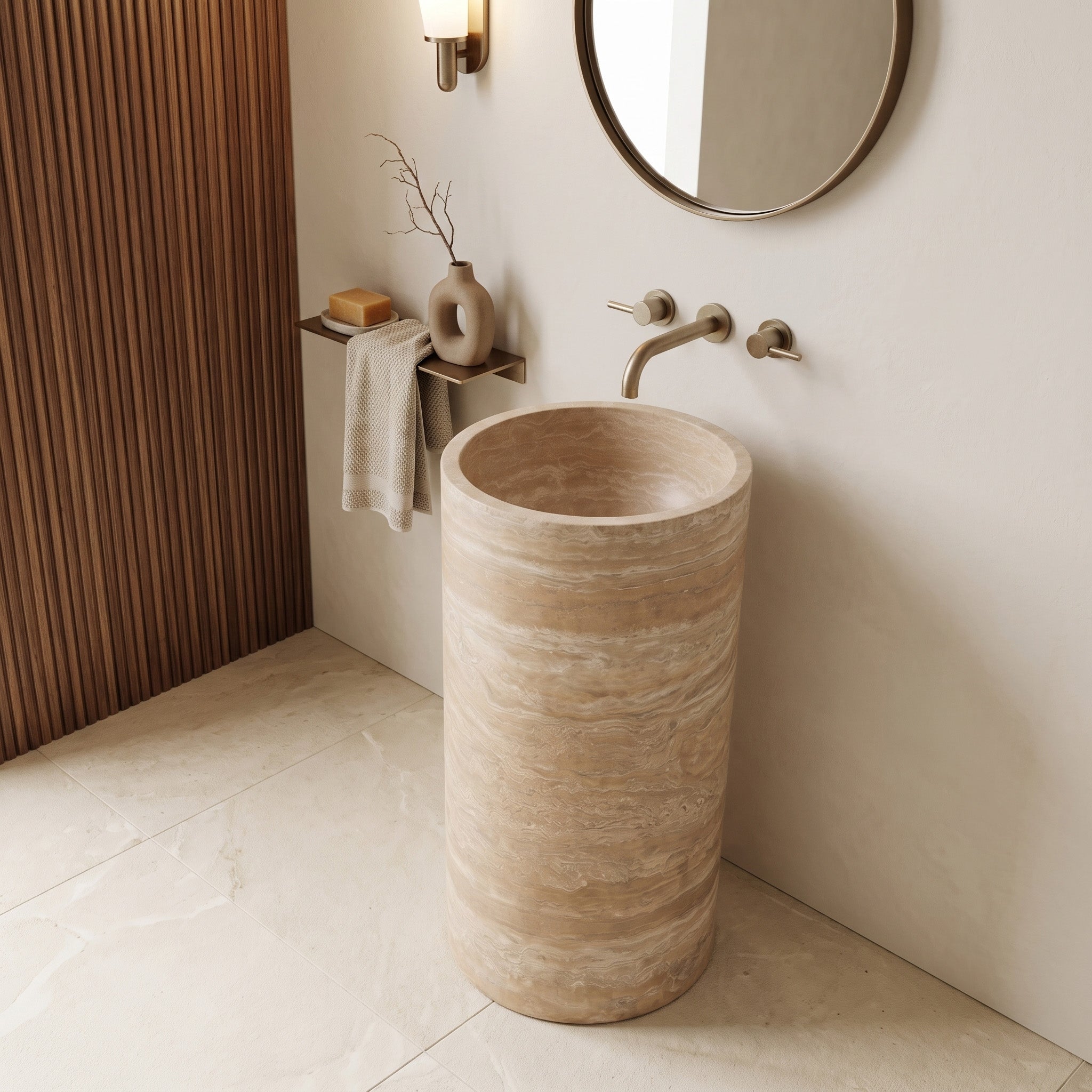 Beige Travertine Pedestal Sink - Cylinder