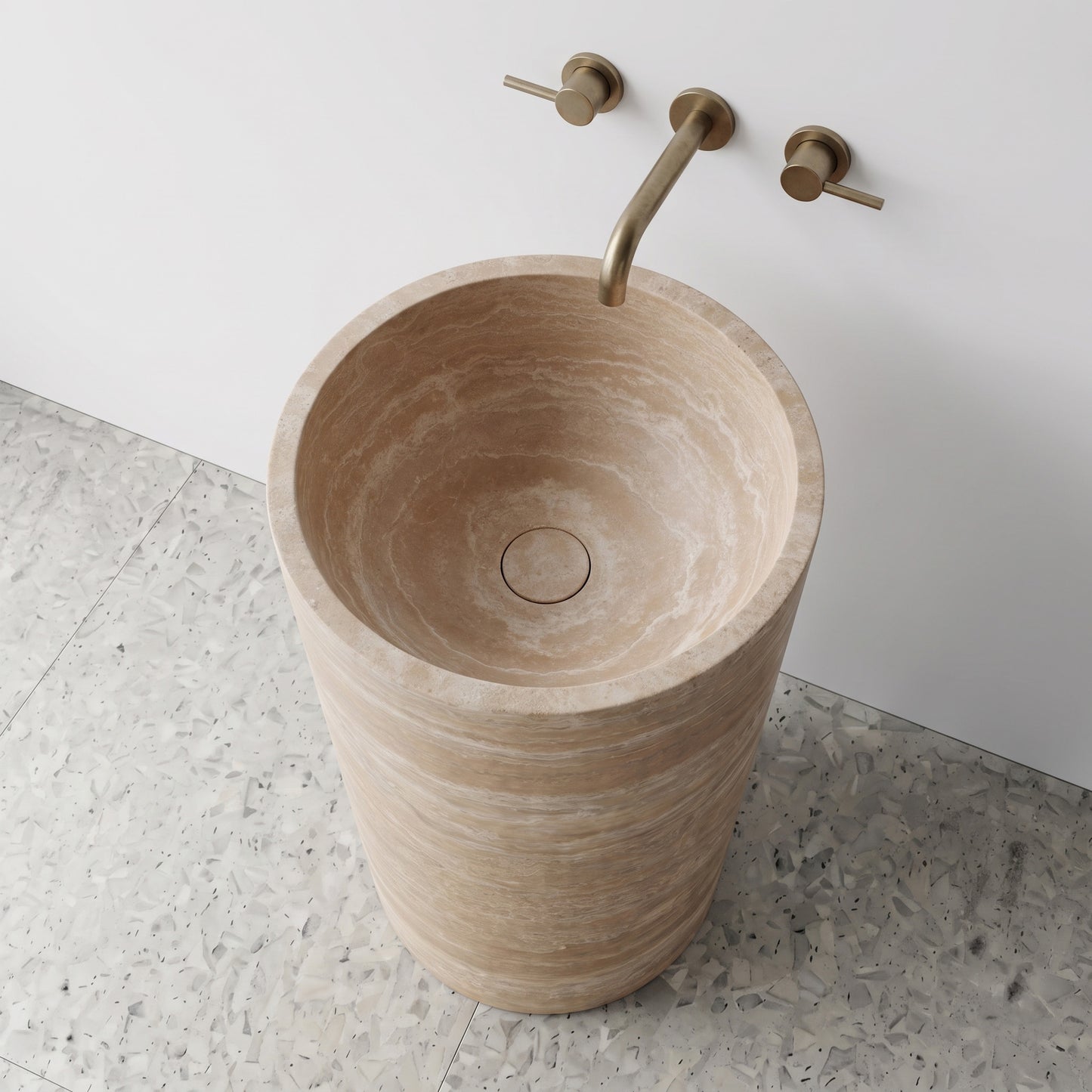 Beige Travertine Pedestal Sink - Cylinder