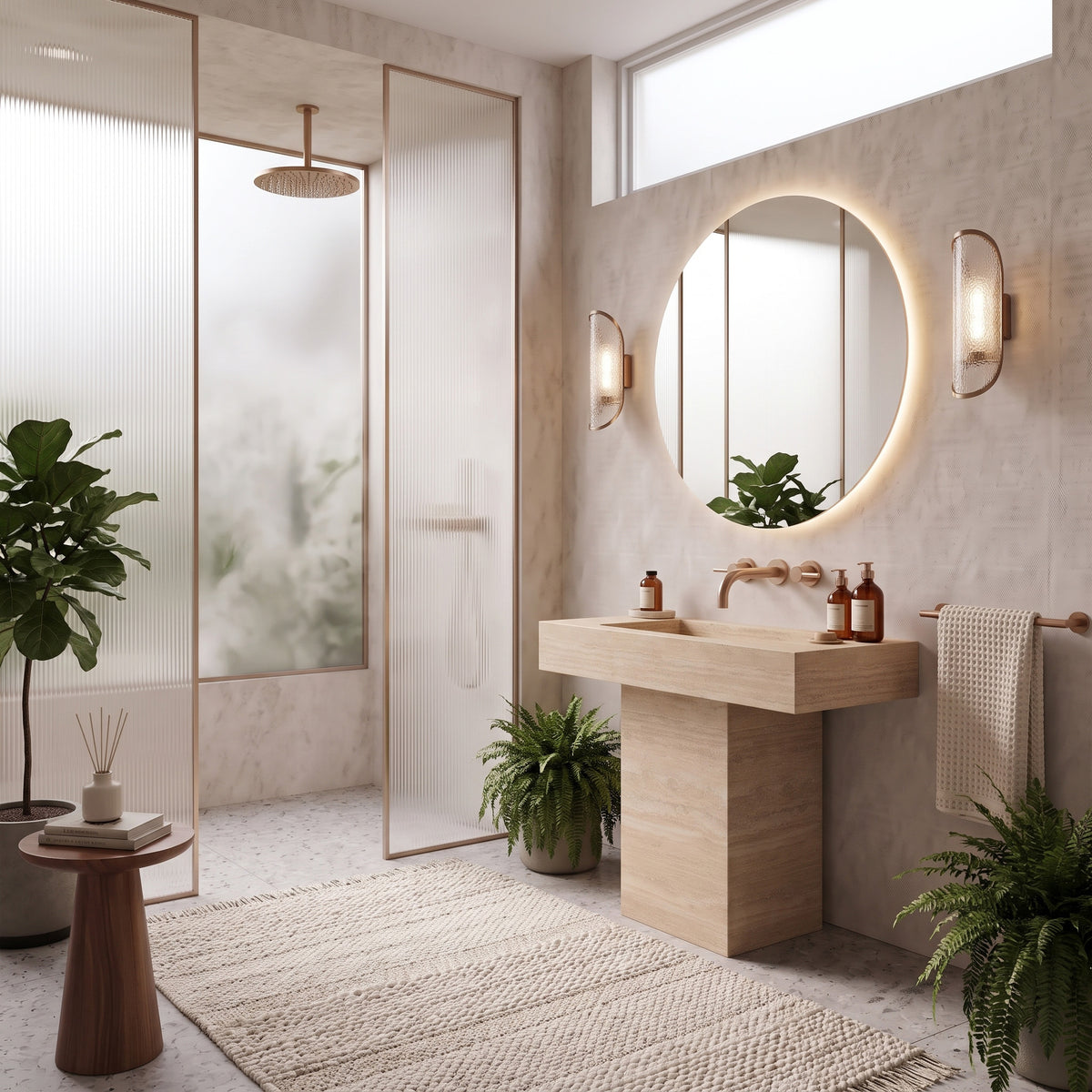 Warm minimalist luxury bathroom setting featuring the freestanding Beige Travertine T-shape vanity under an illuminated round mirror.