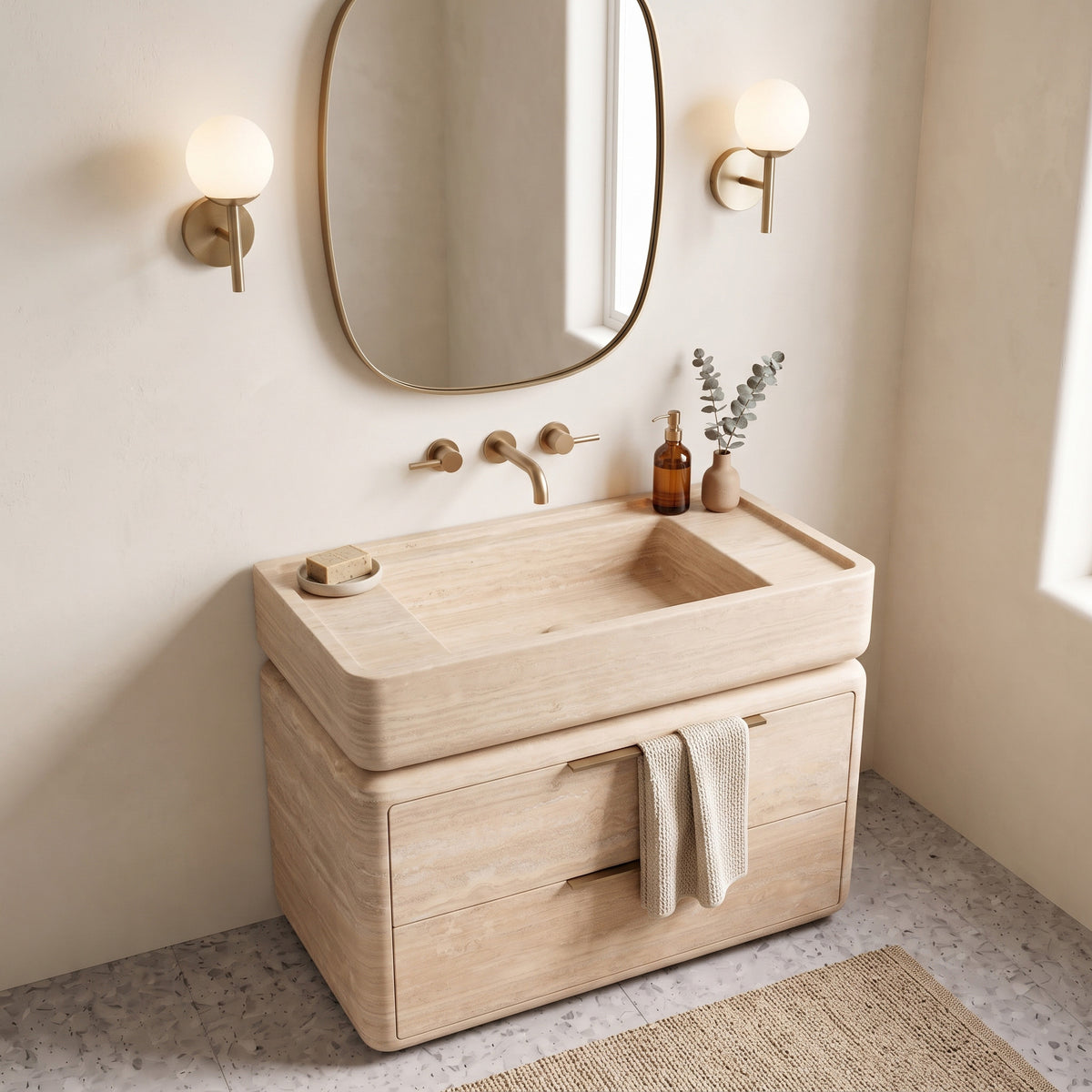 Warm minimalist bathroom interior featuring the curved Beige Travertine double-drawer vanity with a hanging hand towel, wall-mounted brushed brass tapware, a rounded brass-framed mirror flanked by globe sconces, and soft plaster walls.