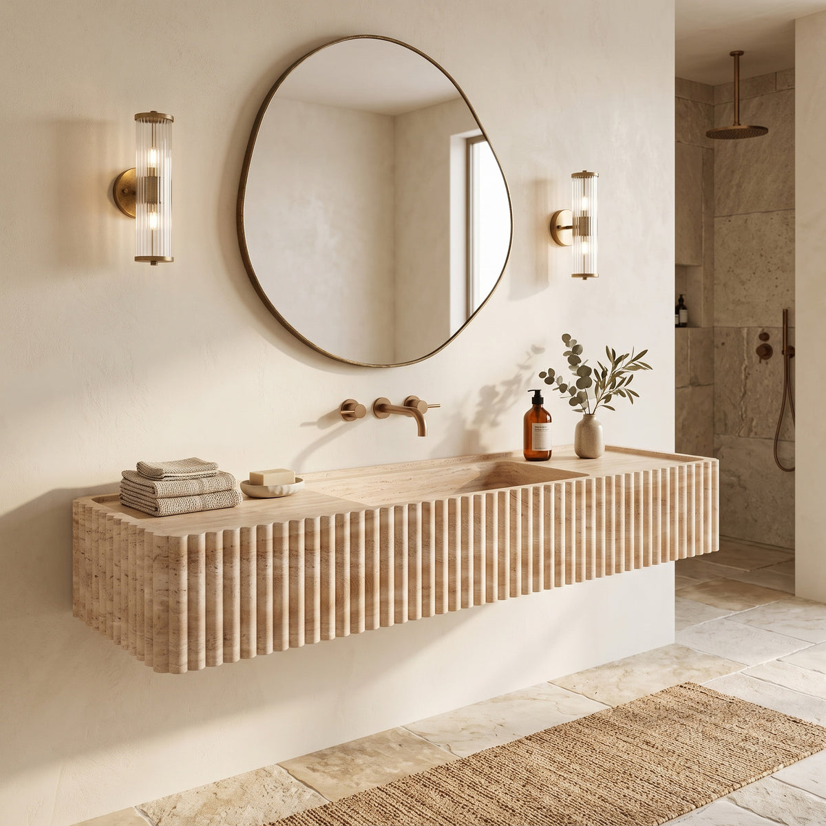 Beige Travertine Monolith Sink - Fluted