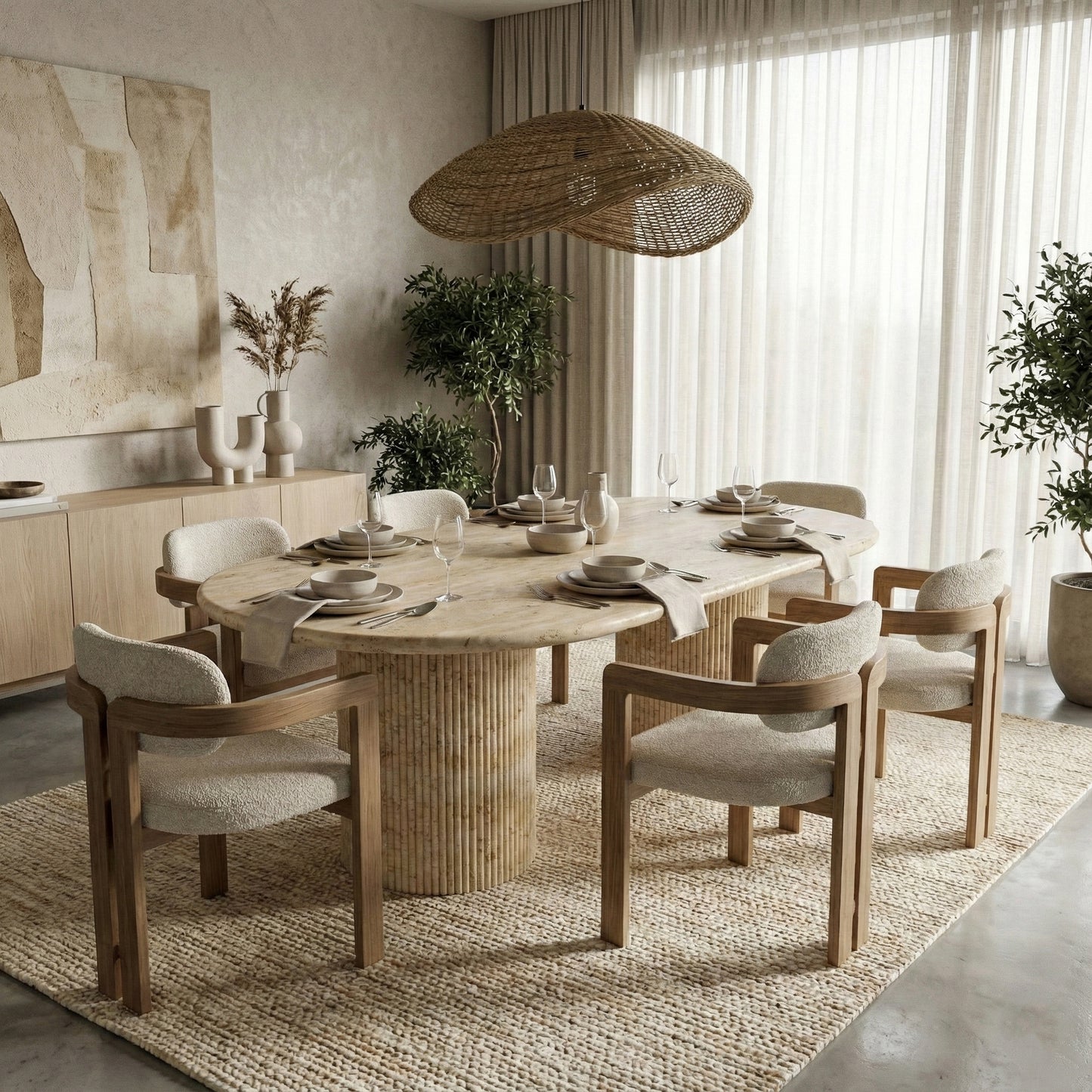 Japandi-style dining room featuring a statement Beige Travertine oval table, paired with textured boucle chairs, a woven pendant light, and neutral decor.