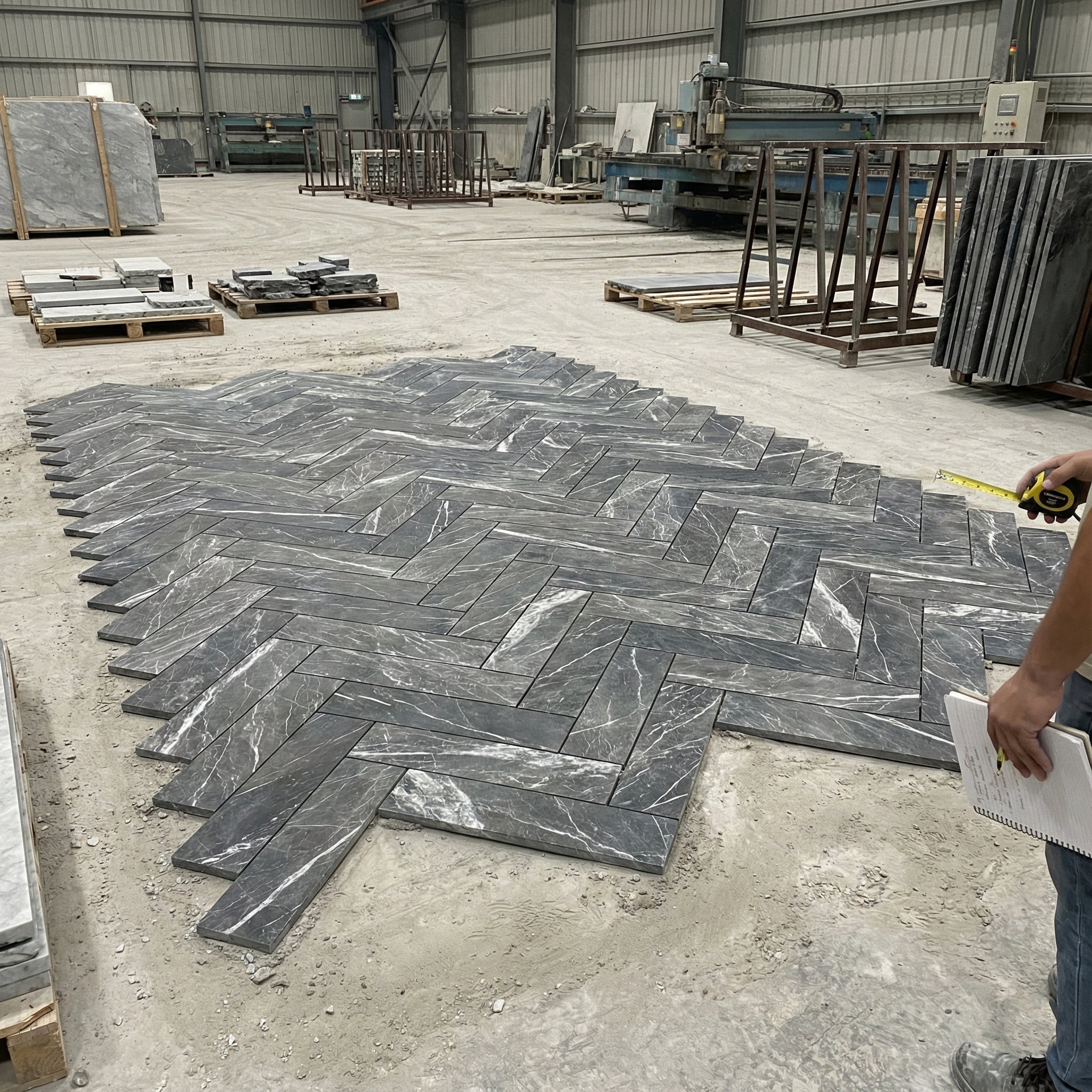 Workshop dry-lay inspection of custom grey marble floor tiles arranged in a classic herringbone pattern to ensure perfect fit before installation.