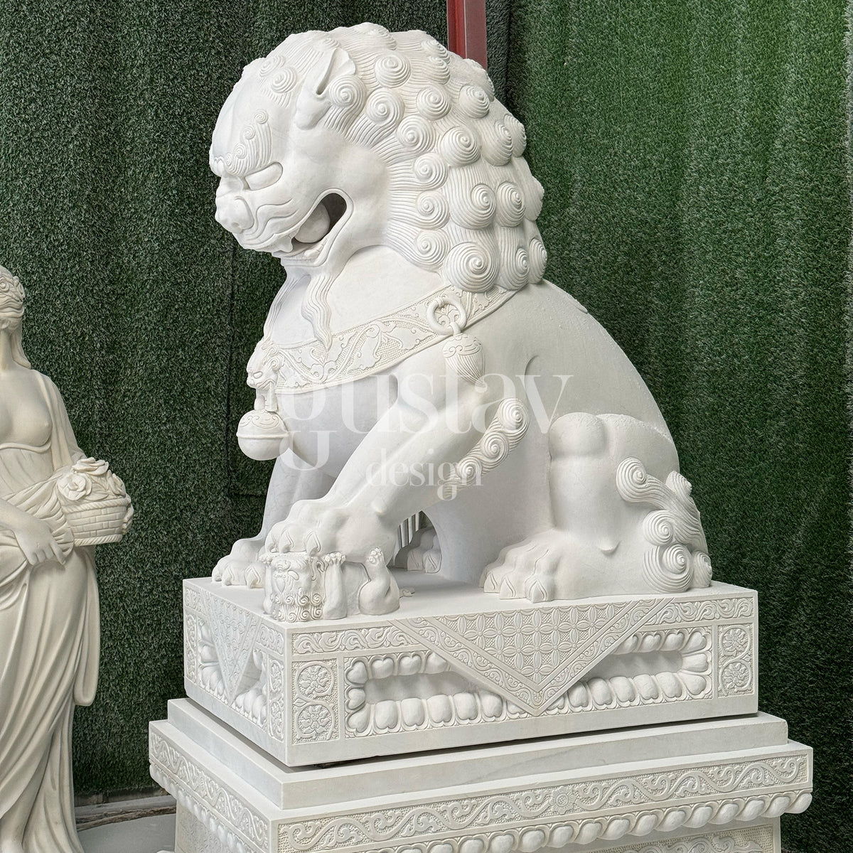 A highly detailed white marble Foo Dog statue (Chinese Guardian Lion), featuring traditional ornate carvings and a polished finish, handcrafted by the artisans at GustavDesign.