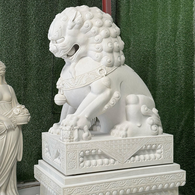A highly detailed white marble Foo Dog statue (Chinese Guardian Lion), featuring traditional ornate carvings and a polished finish, handcrafted by the artisans at GustavDesign.