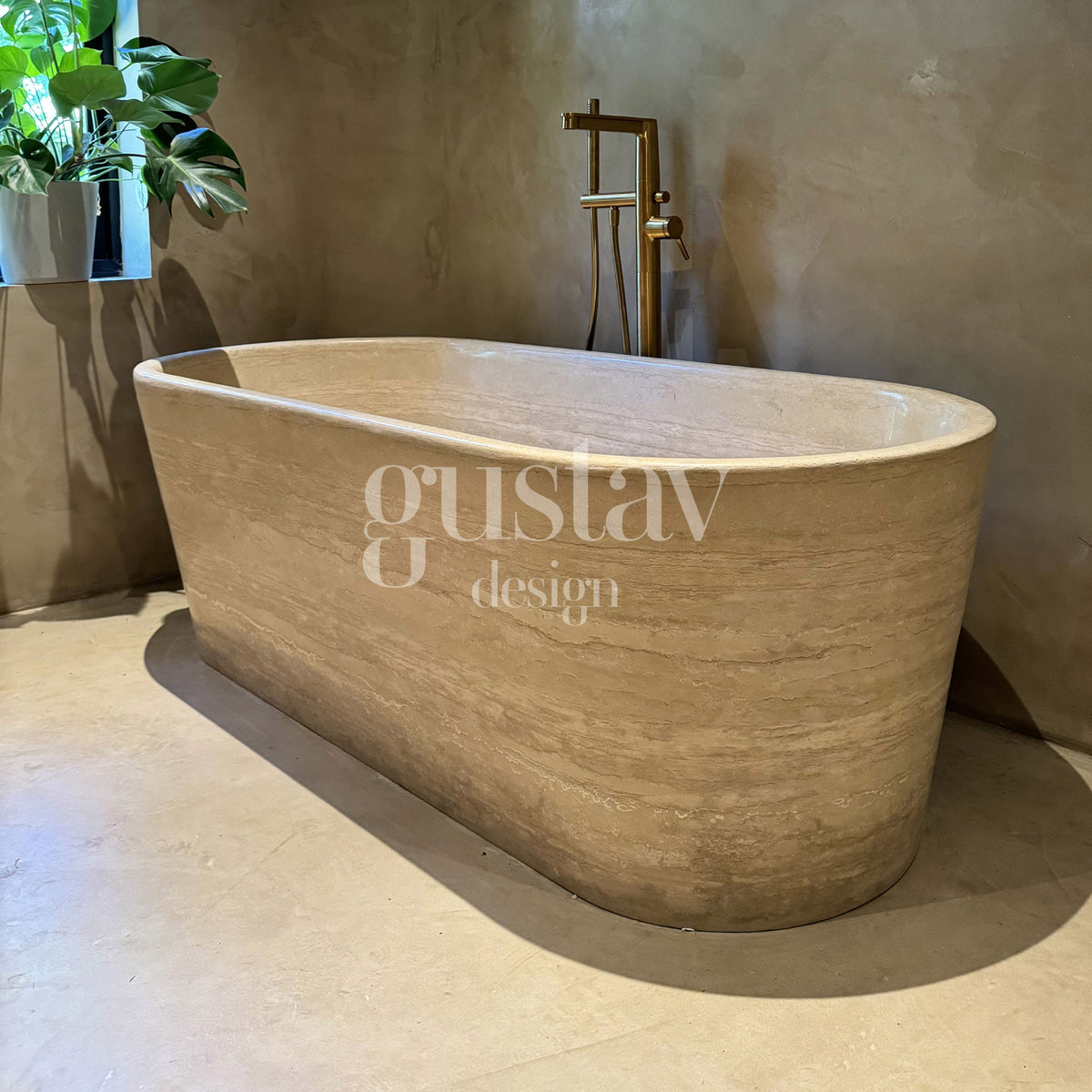 Completed bespoke beige travertine freestanding bathtub showcasing natural horizontal vein cut patterns, ready for shipping.