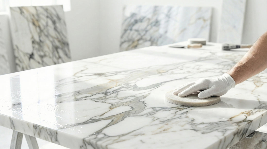 Professional artisan polishing a high-end custom marble dining table with elegant gold and grey veining, showcasing the premium bespoke marble services and craftsmanship offered by GustavDesign.