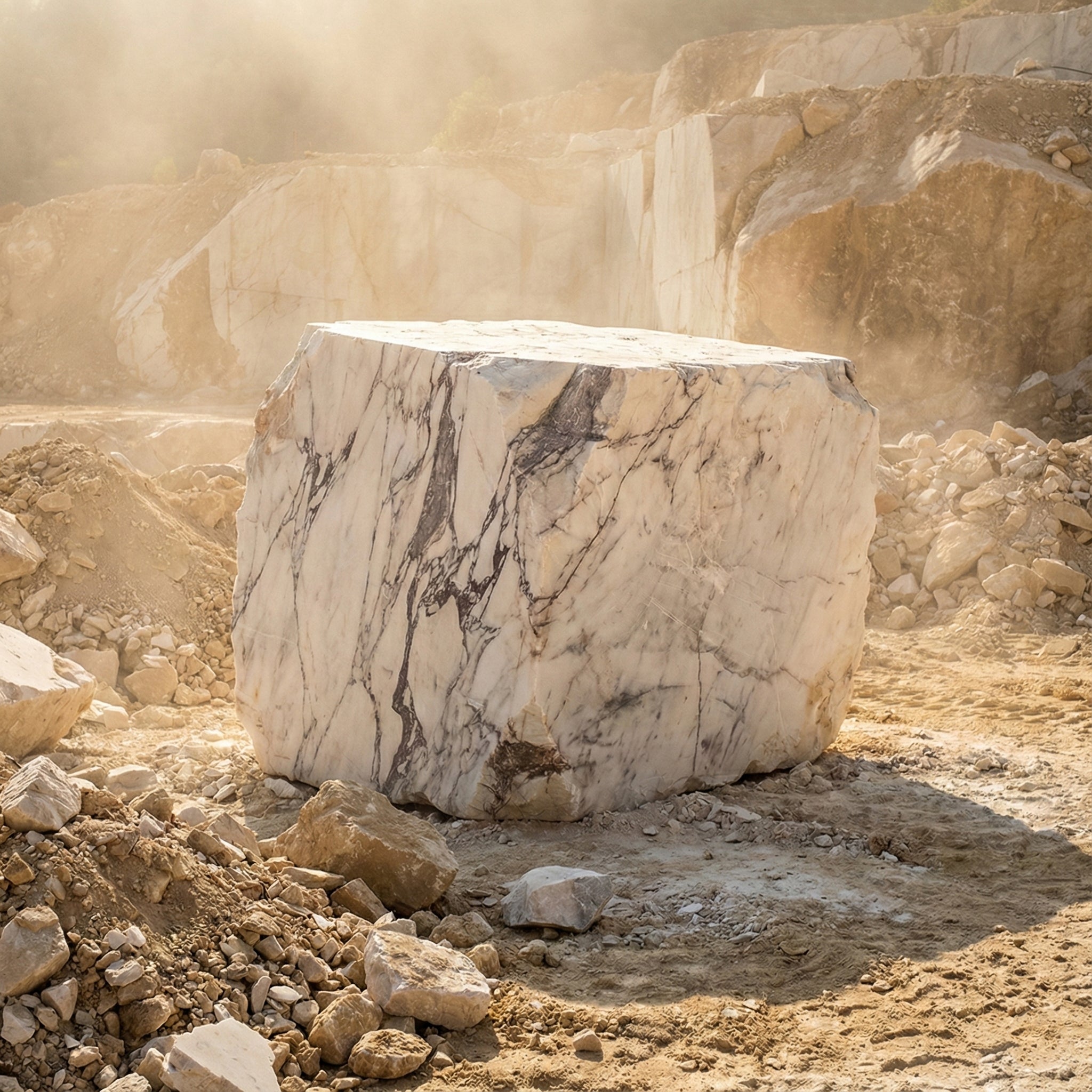Massive raw block of Calacatta Viola marble sitting in the quarry, selected for custom furniture fabrication and architectural projects.