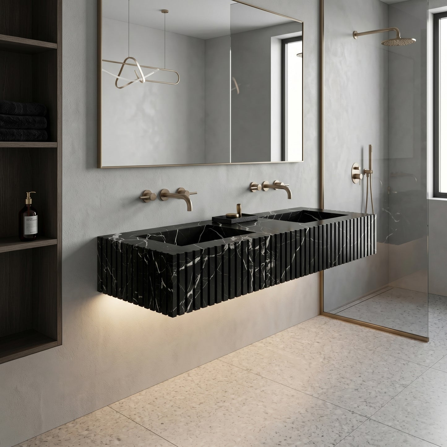 Luxury high-rise bathroom suite featuring a wall-mounted fluted Black Marquina marble sink, backlit mirror, and city skyline views, paired with a freestanding soaking tub.