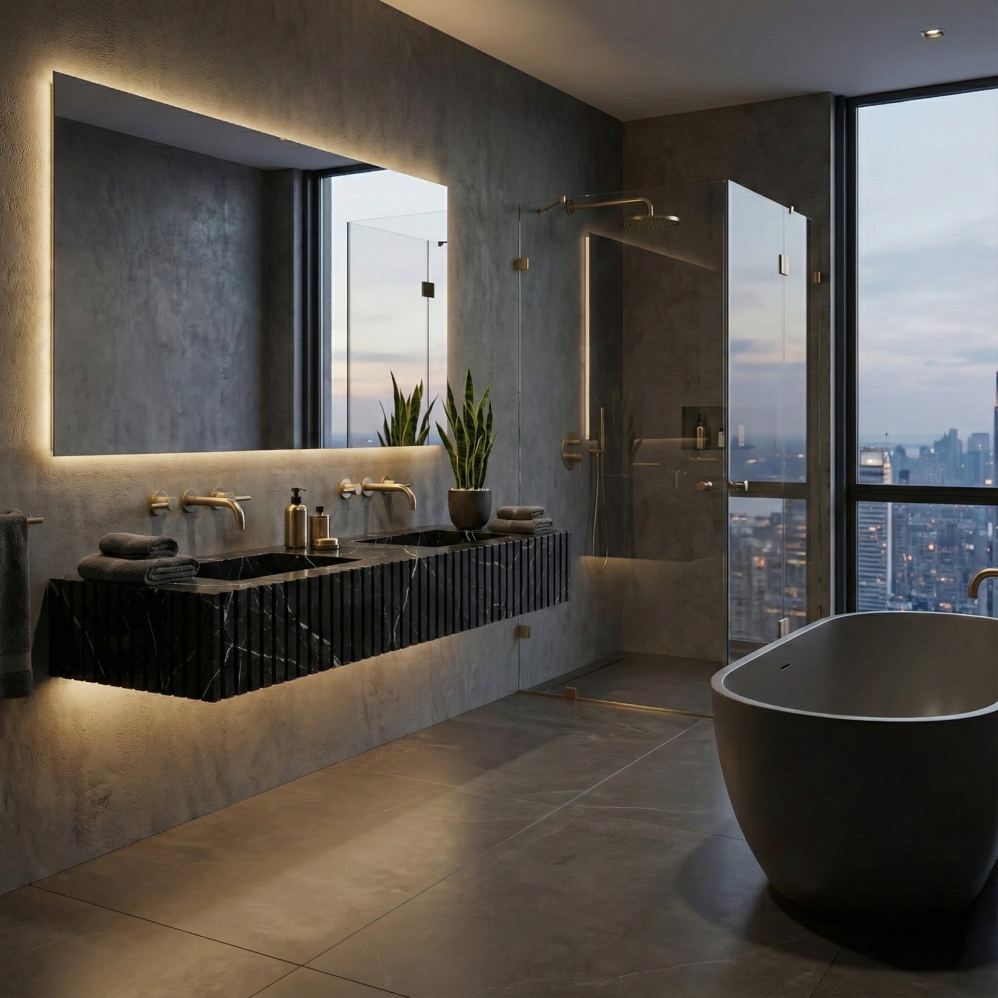 Luxury high-rise bathroom suite featuring a wall-mounted fluted Black Marquina marble sink, backlit mirror, and city skyline views, paired with a freestanding soaking tub.