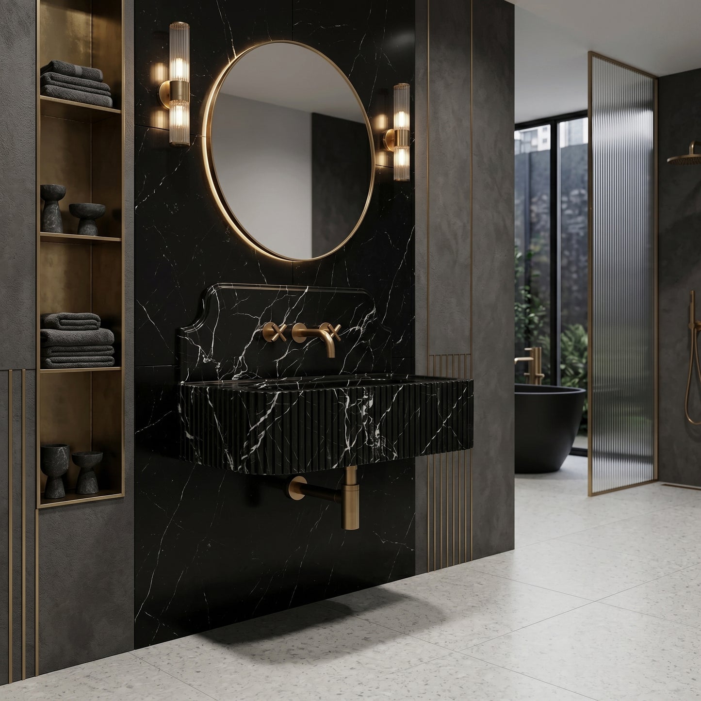 Black Marquina Backsplash Sink - Fluted