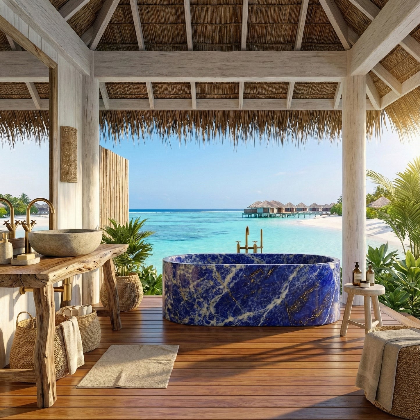 Tropical luxury bathroom overlooking the ocean, featuring a vibrant Blue Sodalite bathtub, rustic wood vanity, and thatch roof architecture.