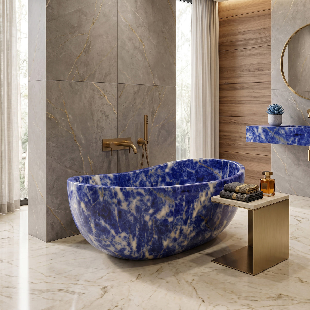 Luxury bathroom suite featuring the freestanding Blue Sodalite wave bathtub paired with wall-mounted brushed brass tapware, a matching blue stone floating vanity, a contemporary brass side table, and grey marble wall slabs.