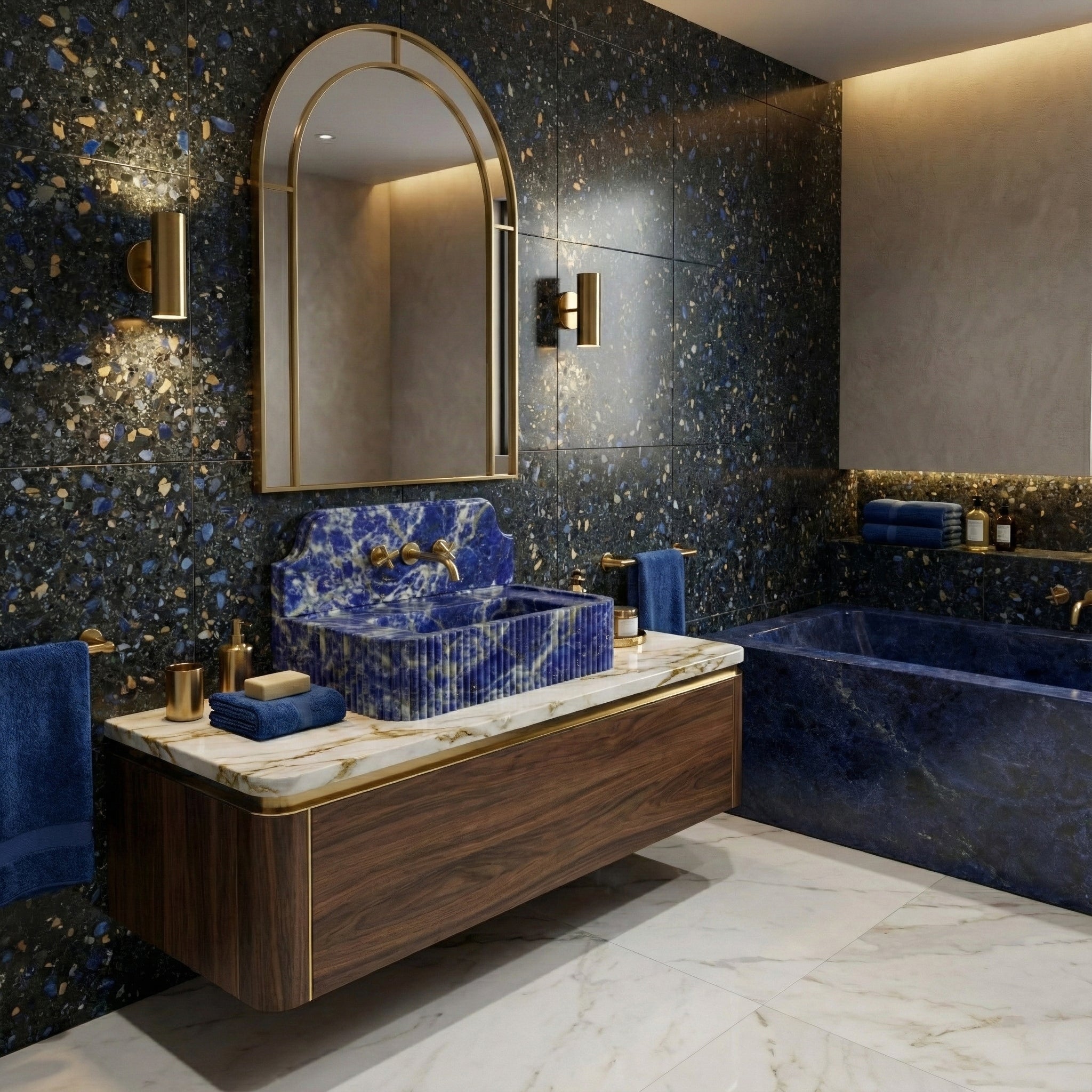 Maximalist luxury bathroom design centering on a Blue Sodalite sink with backsplash, paired with matching blue terrazzo walls, a walnut vanity, and gold accents.