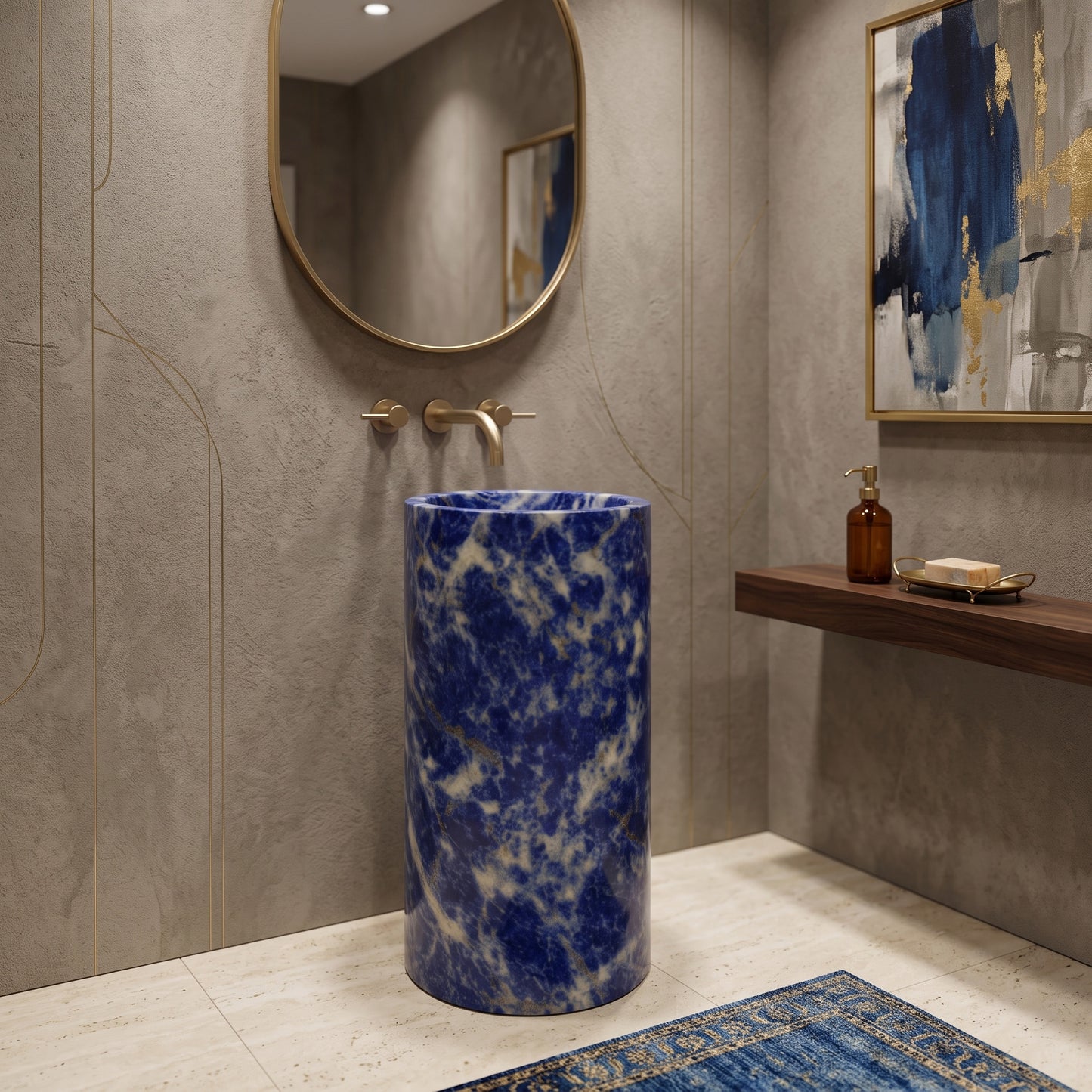 Freestanding Blue Sodalite round pedestal basin in a luxury powder room with textured grey plaster walls, brass fixtures, round mirror, and floating wood shelf.