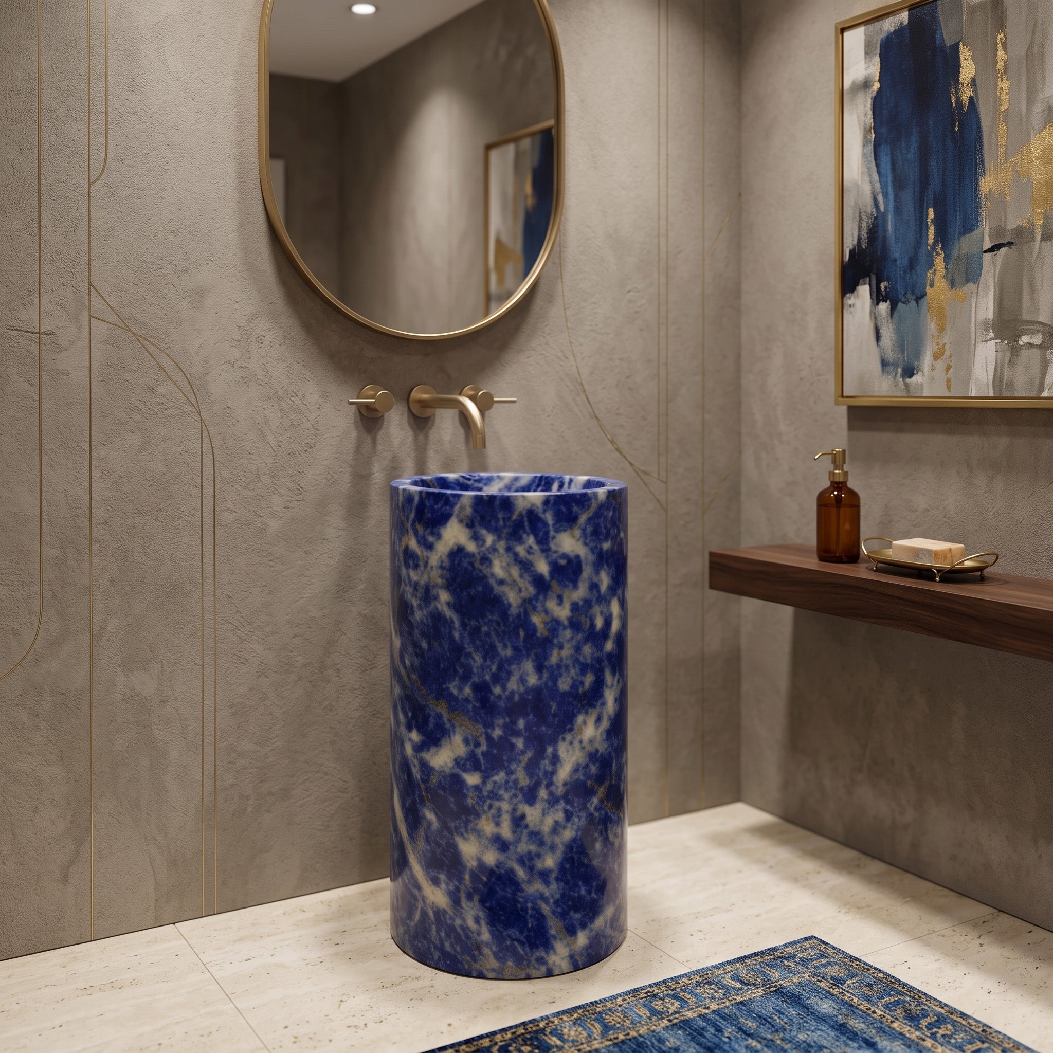 Freestanding Blue Sodalite round pedestal basin in a luxury powder room with textured grey plaster walls, brass fixtures, round mirror, and floating wood shelf.