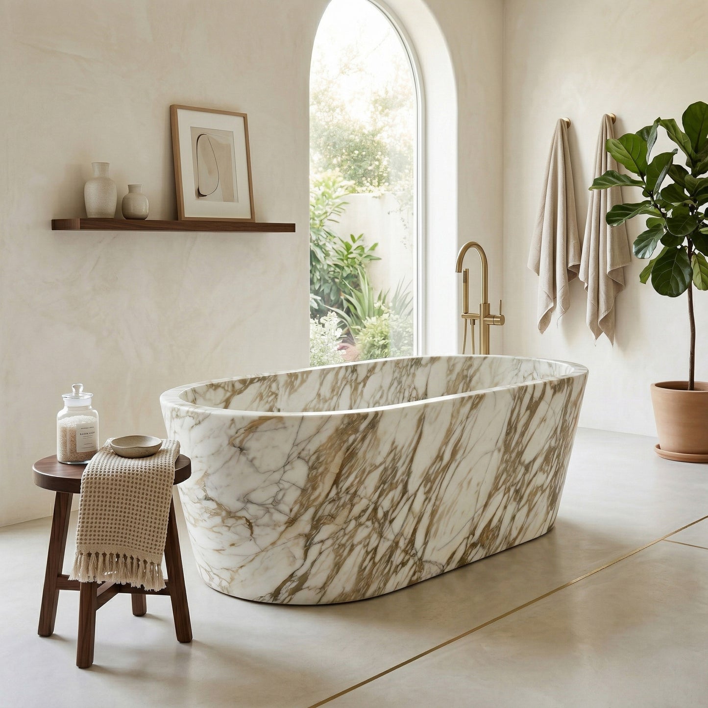 A luxury bathroom featuring a tapered Calacatta Gold marble bathtub, a large arched window looking out to greenery, a wooden stool, and minimalist gold fixtures.