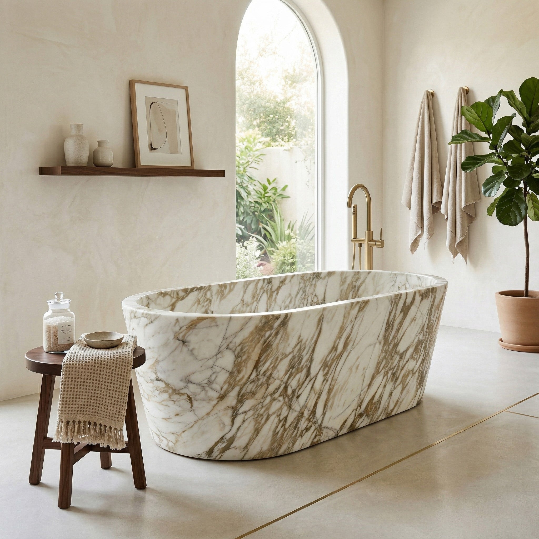 A luxury bathroom featuring a tapered Calacatta Gold marble bathtub, a large arched window looking out to greenery, a wooden stool, and minimalist gold fixtures.