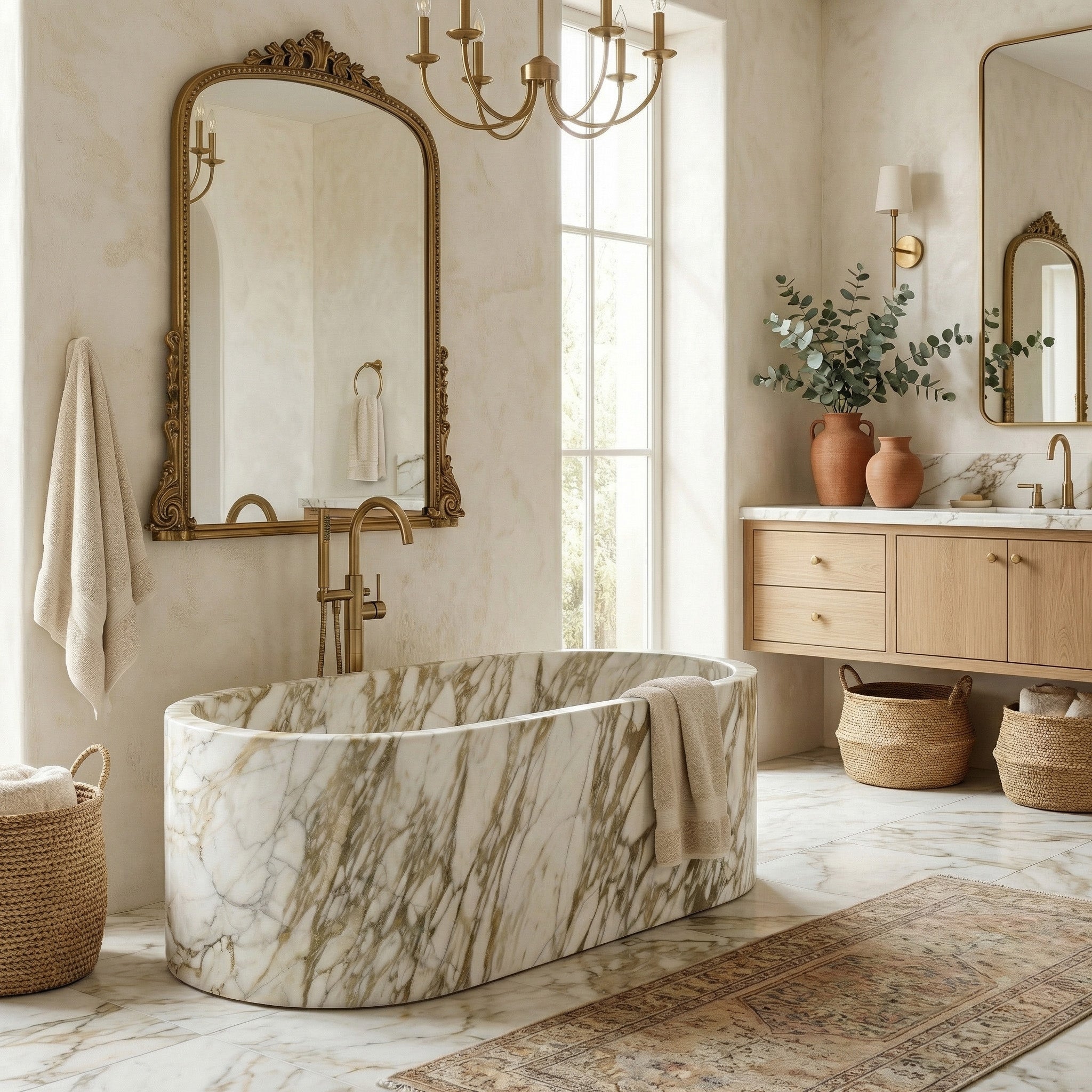 A high-end bathroom setting featuring a straight-walled Calacatta Gold marble bathtub, a large ornate gold-framed mirror, a wooden vanity, and a classic Persian-style rug.