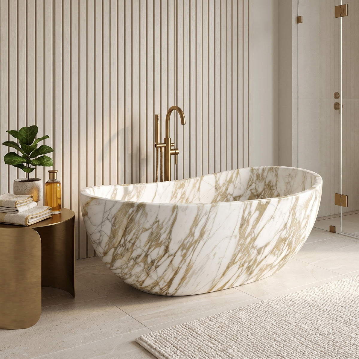 Warm luxury master bathroom interior featuring the freestanding Calacatta Gold marble wave bathtub paired with a floor-mounted brushed gold tub filler, vertical reeded wall paneling, a brass accent table, and glass-enclosed walk-in shower.