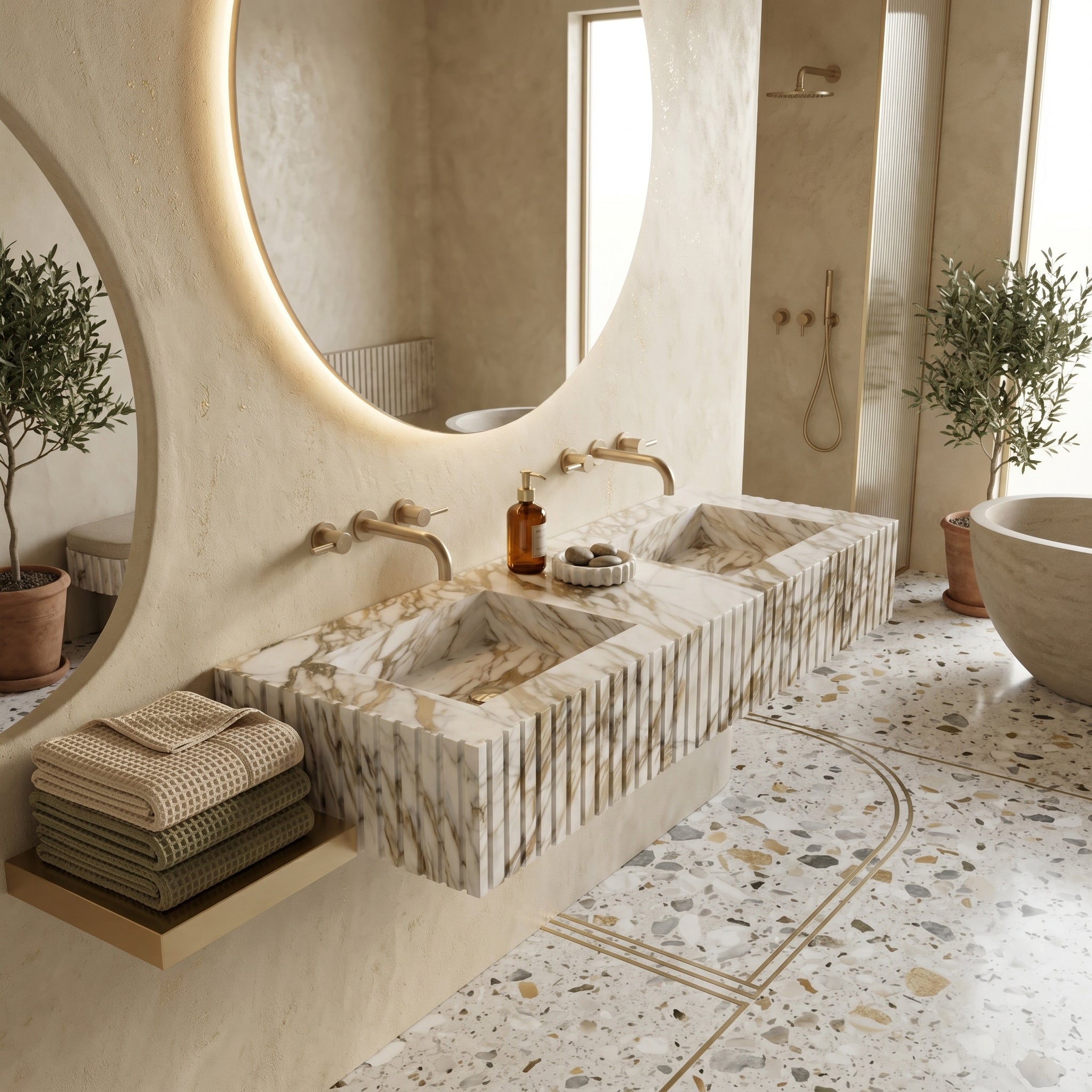 A front view of a wall-mounted double vanity sink made from Calacatta Gold marble. The front face features a vertical fluted (ribbed) texture, paired with minimalist brushed gold wall-mounted faucets.