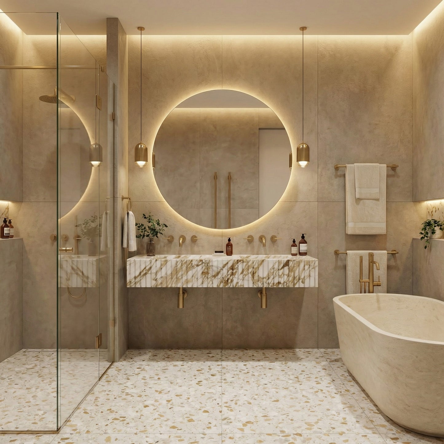 A modern, luxury bathroom showcasing the Calacatta Gold fluted marble double sink under a large, backlit circular mirror. The room features beige stone walls, terrazzo flooring, a freestanding bathtub, and warm pendant lighting.