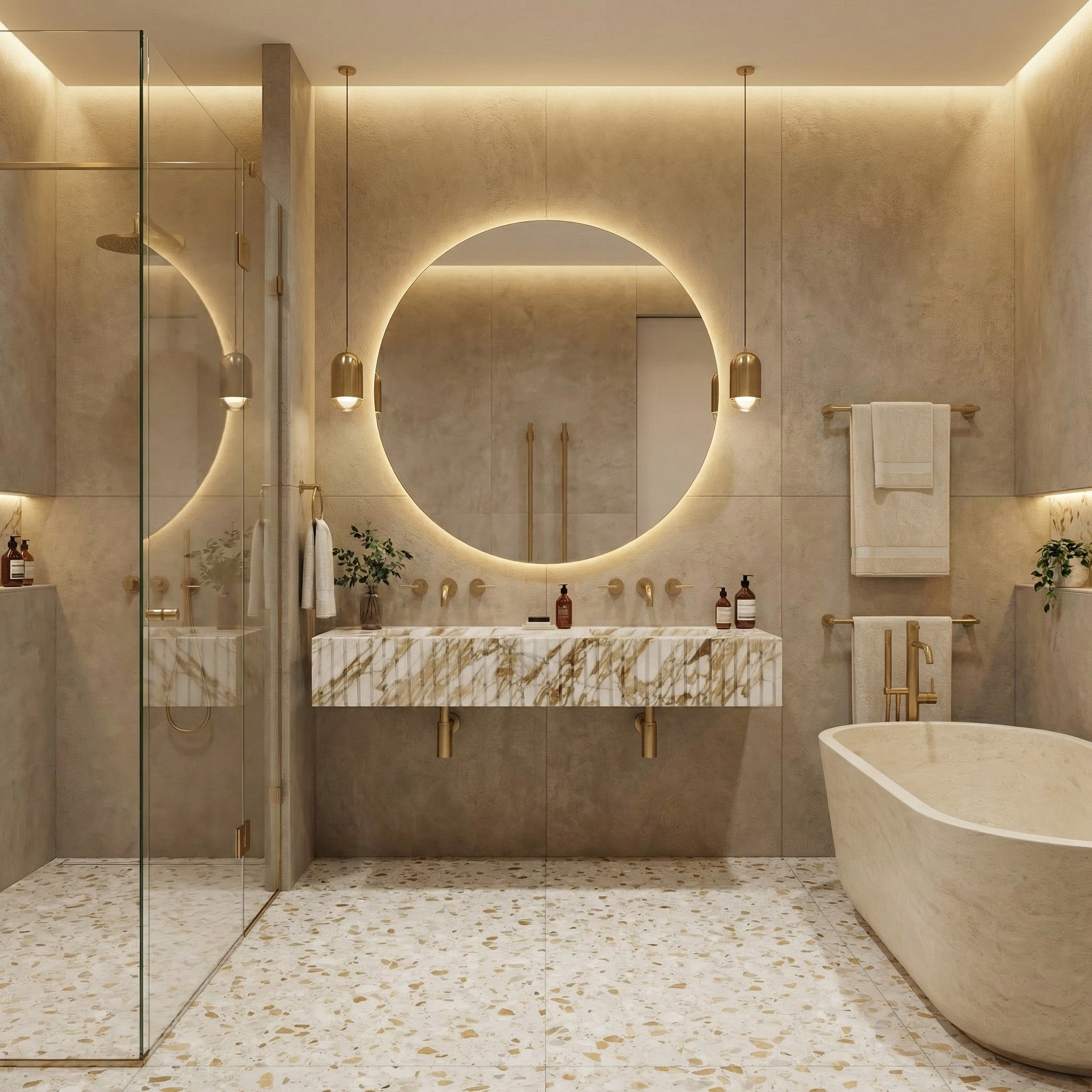 A modern, luxury bathroom showcasing the Calacatta Gold fluted marble double sink under a large, backlit circular mirror. The room features beige stone walls, terrazzo flooring, a freestanding bathtub, and warm pendant lighting.