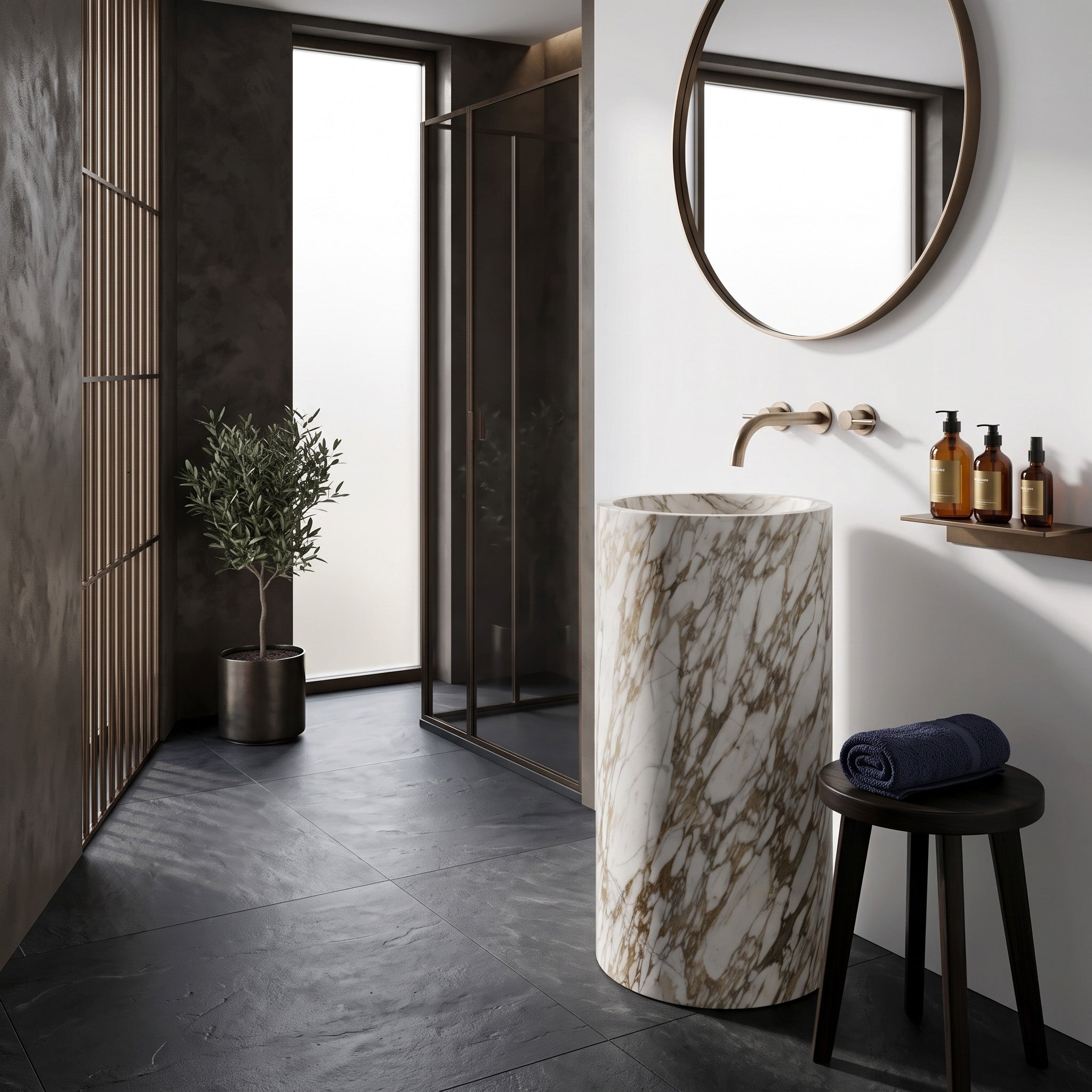 Freestanding Calacatta Gold marble round pedestal basin in a modern luxury bathroom featuring charcoal slate floors, round mirror, and potted olive tree.