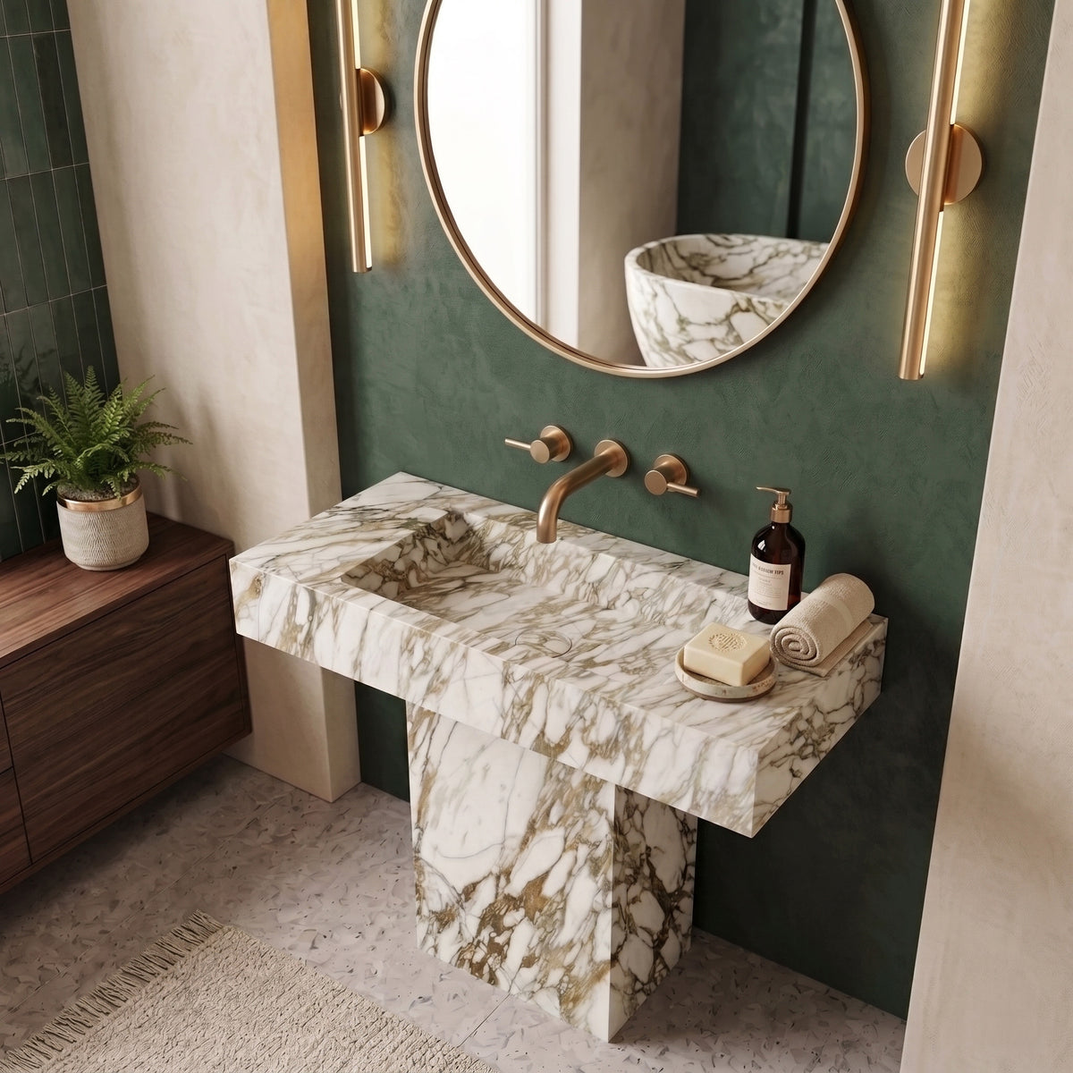 Luxury bathroom interior featuring the Calacatta Gold T-shape pedestal vanity against deep green walls with a matching marble bathtub in the background.